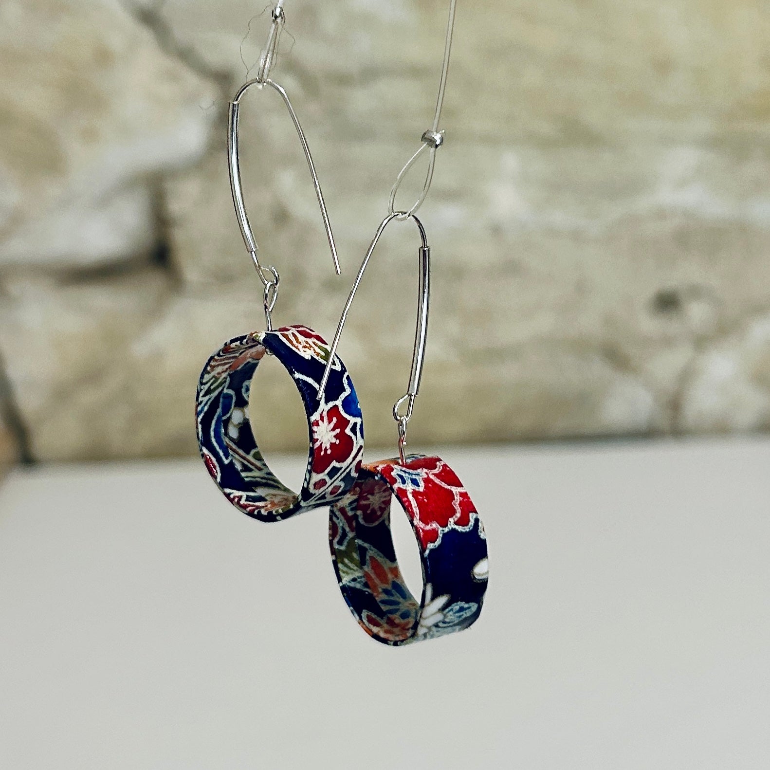 Navy Blue Red White Hoop Style Earrings: Dia. 2.5cm x L5.5cm