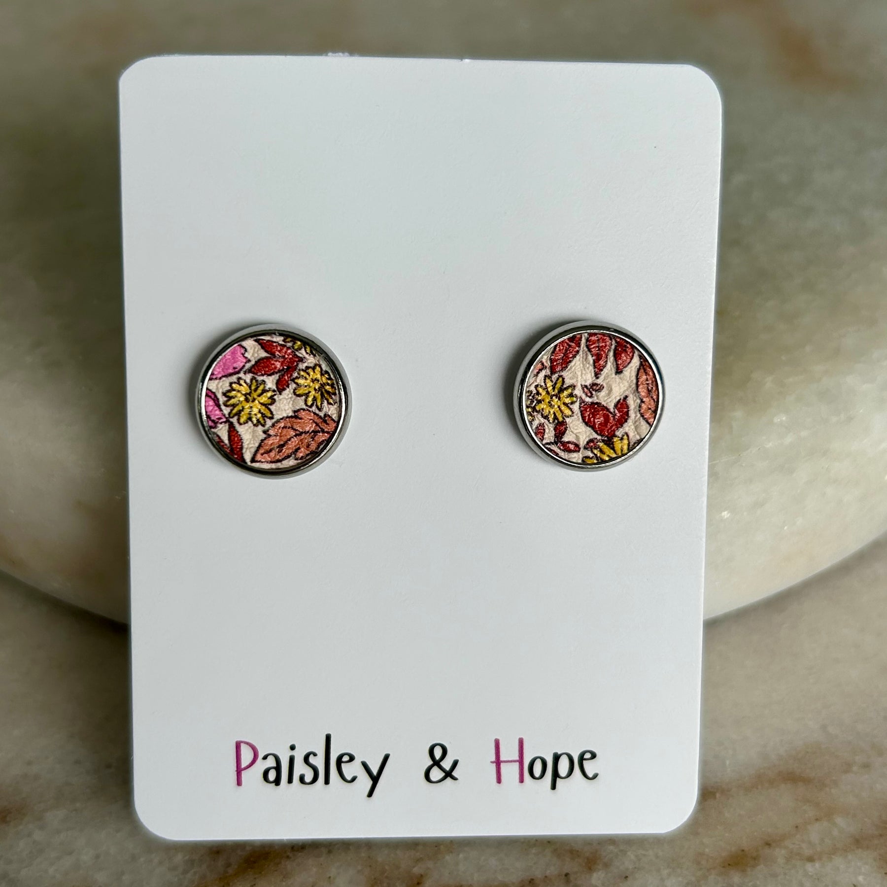 Floral Faux Leather Bezel Style Studs - Choose size