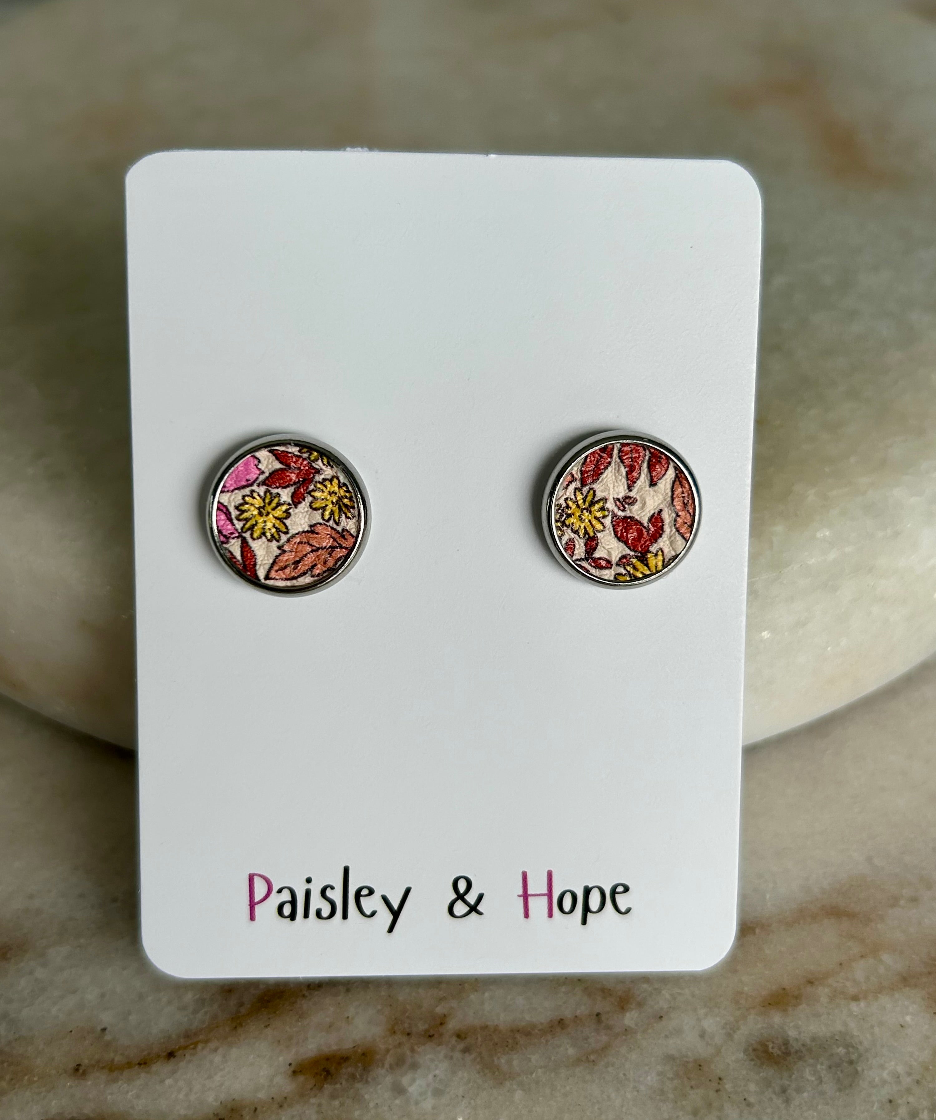 Floral Faux Leather Bezel Style Studs - Choose size