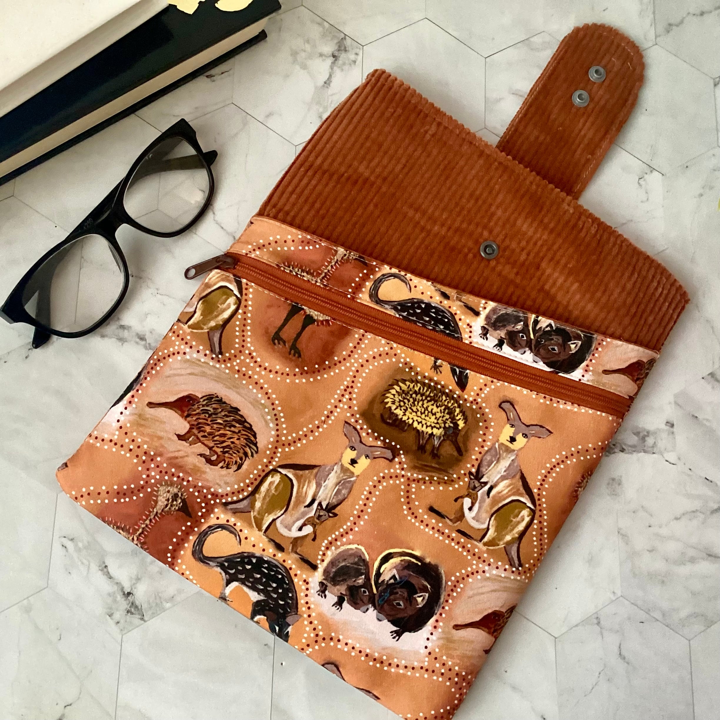 Indigenous Animals fabric book sleeve with 2 pockets. iPad, tablet pouch