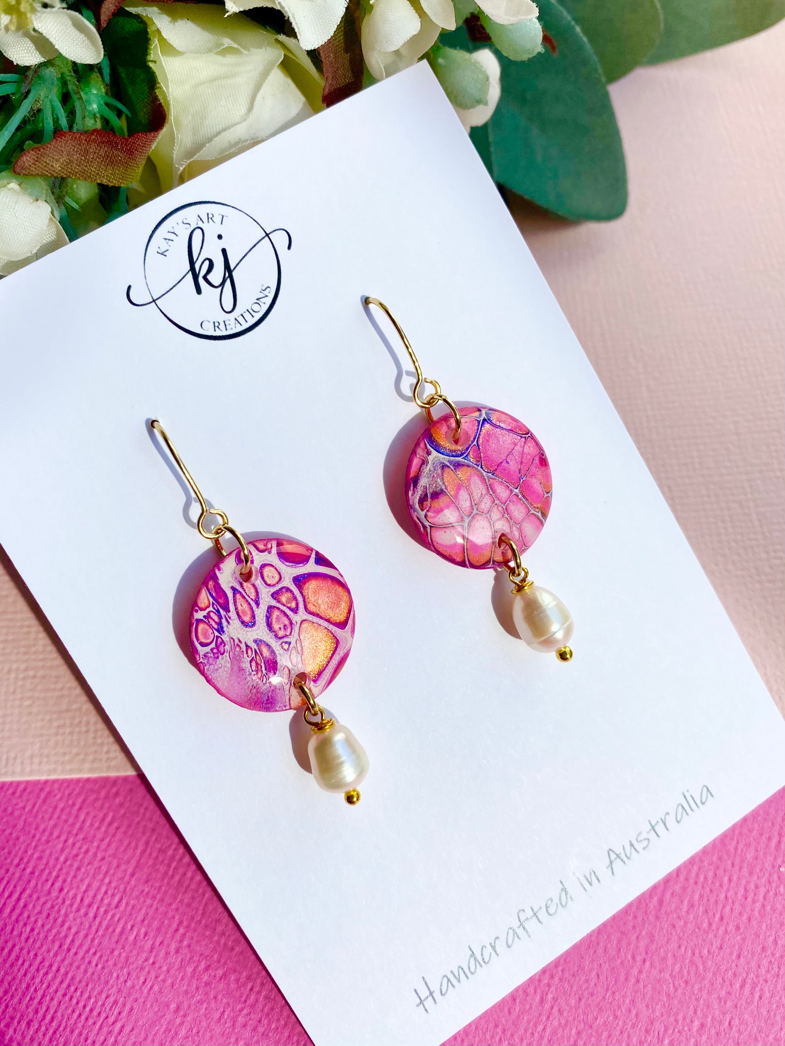 Pink Artisan Dangle Earrings with Freshwater Pearls