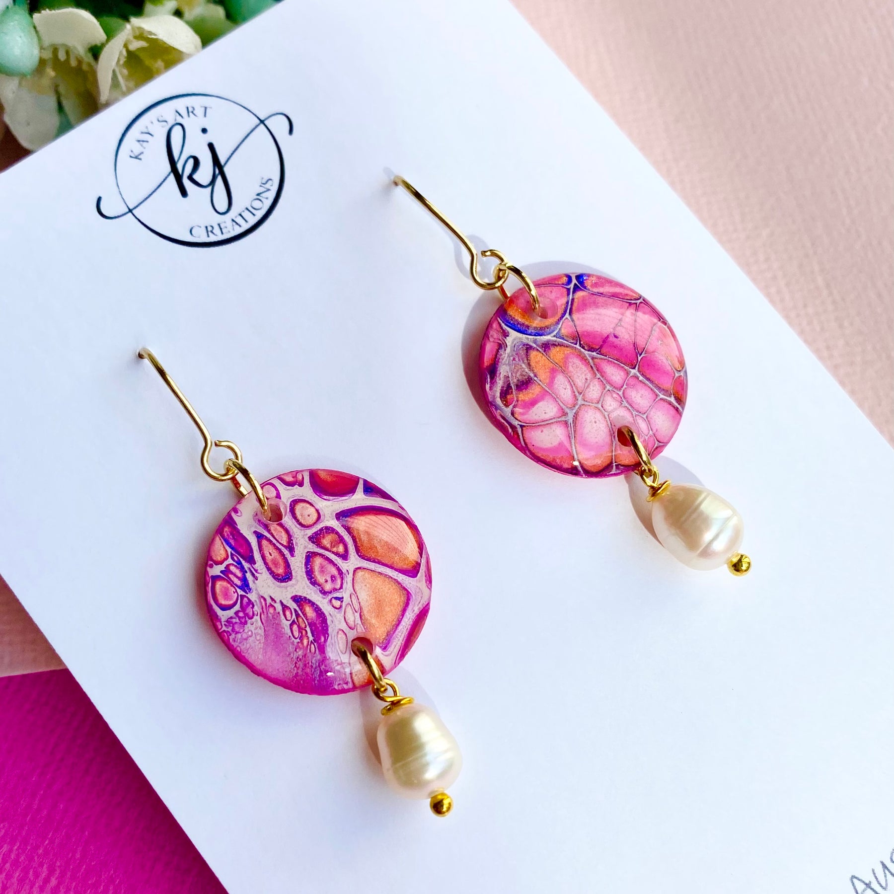 Pink Artisan Dangle Earrings with Freshwater Pearls