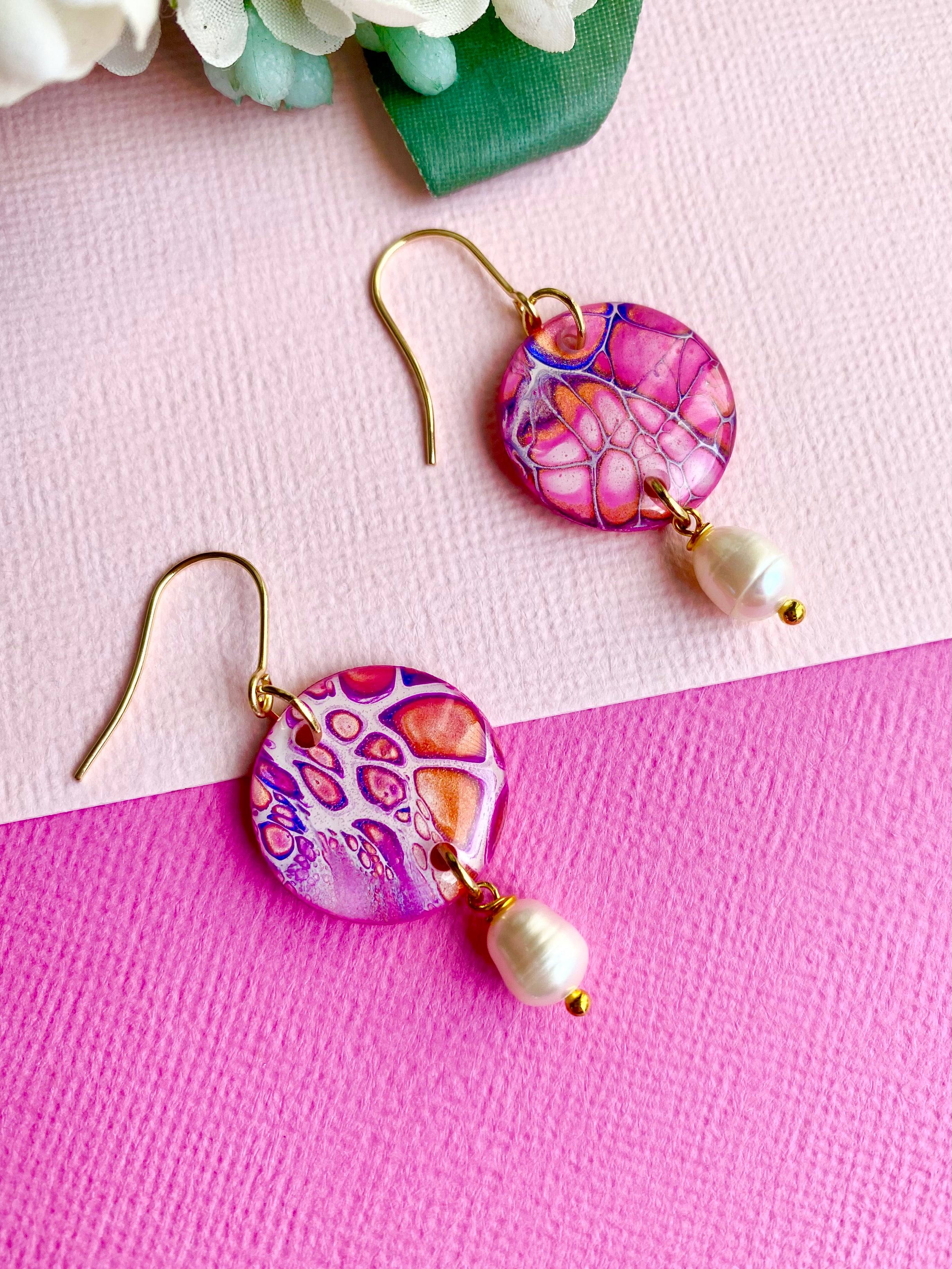 Pink Artisan Dangle Earrings with Freshwater Pearls