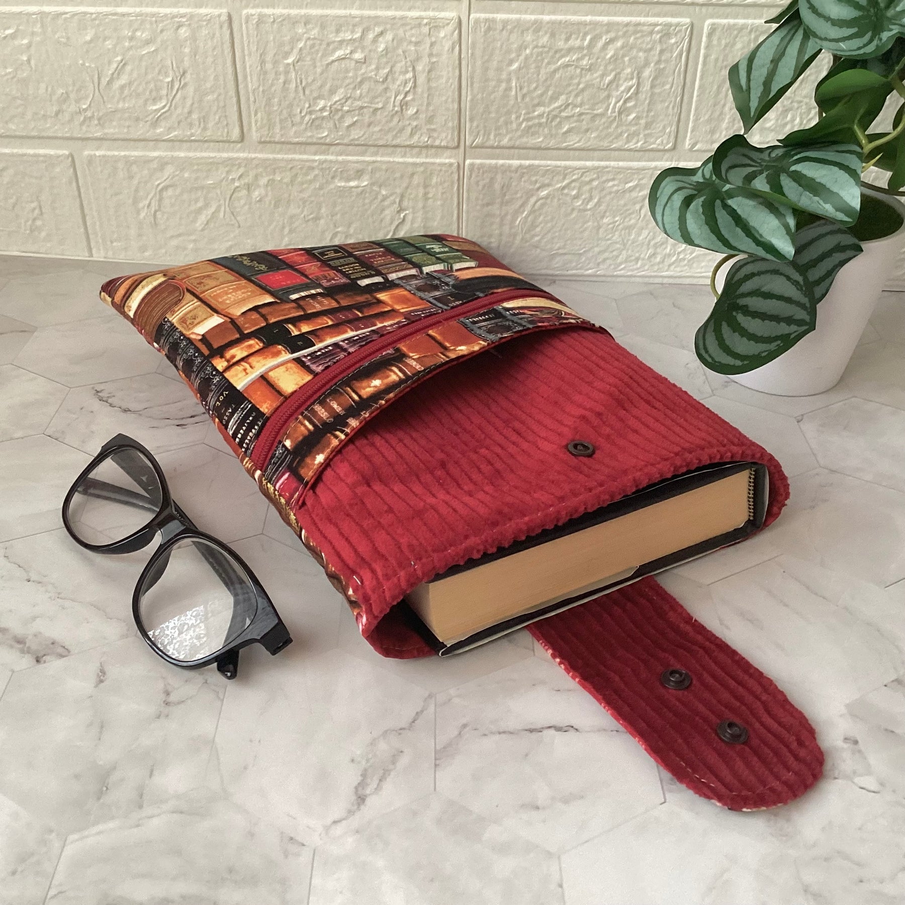 Library books fabric book sleeve with 2 pockets. iPad, tablet pouch