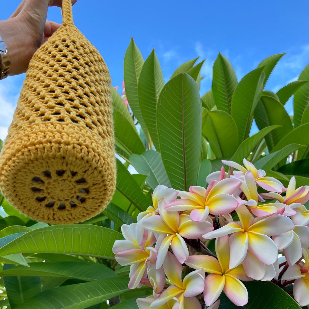 Sunflower Yellow - Crocheted Cotton Hydration Bottle Carrier - Hand Strap