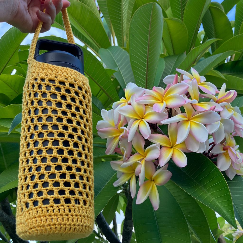 Sunflower Yellow - Crocheted Cotton Hydration Bottle Carrier - Hand Strap