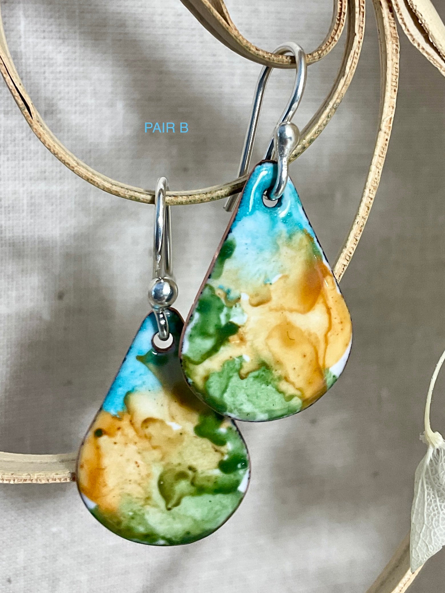 Teardrop enamel earrings. Marble effect. Hand painted.