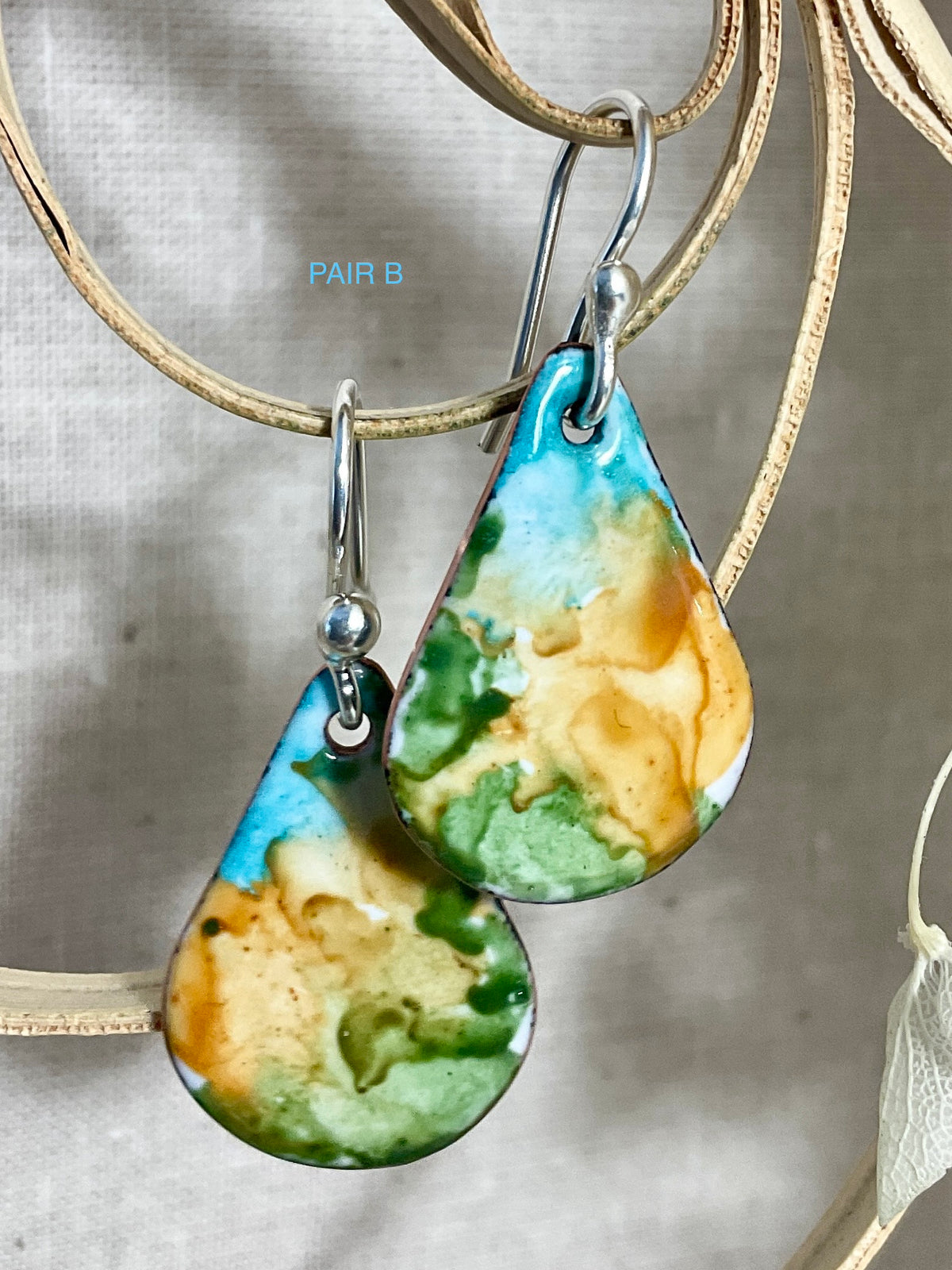Teardrop enamel earrings. Marble effect. Hand painted.