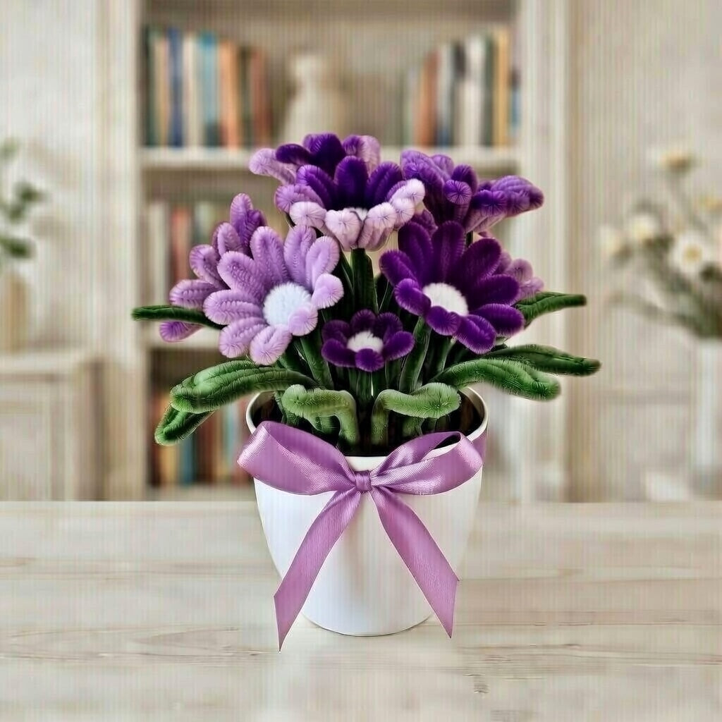 Pipe Cleaner Flower Bouquet in Plastic pot - Everlasting Chenille Daisy Arrangement