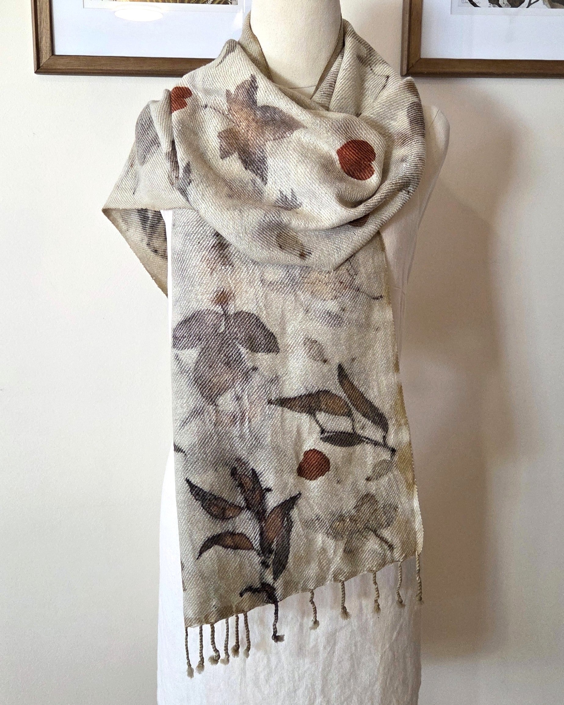 The Olive - Silk/Wool Blend  Ecoprint Scarf/Wrap