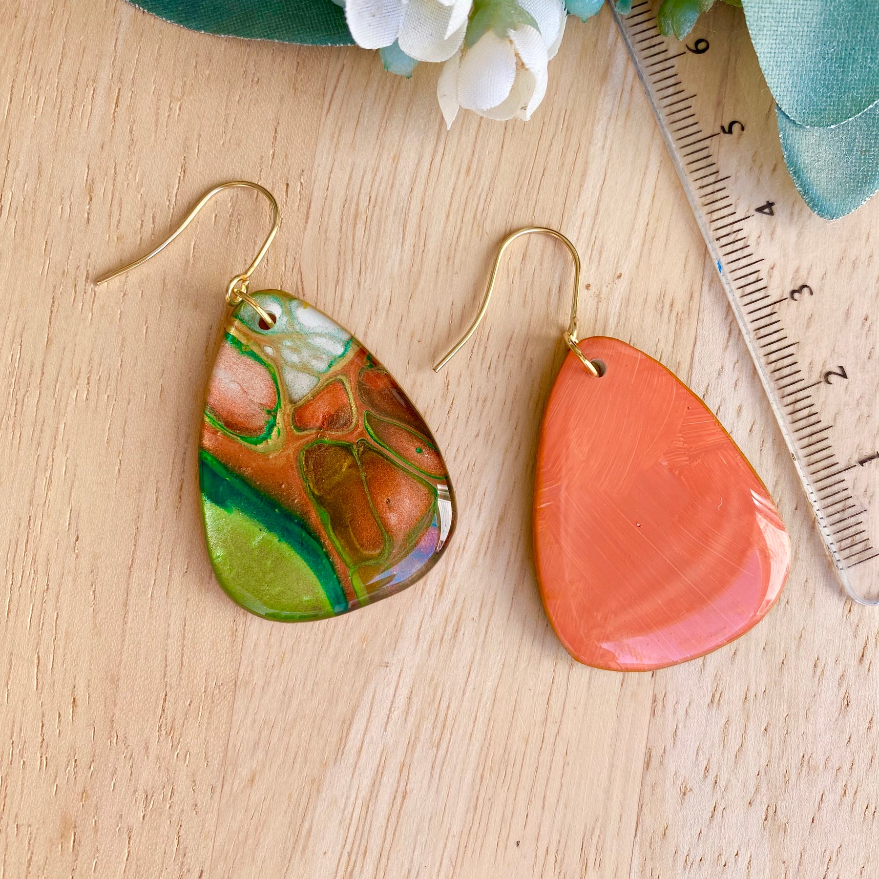Rich Emerald, Copper and Gold Art Earrings