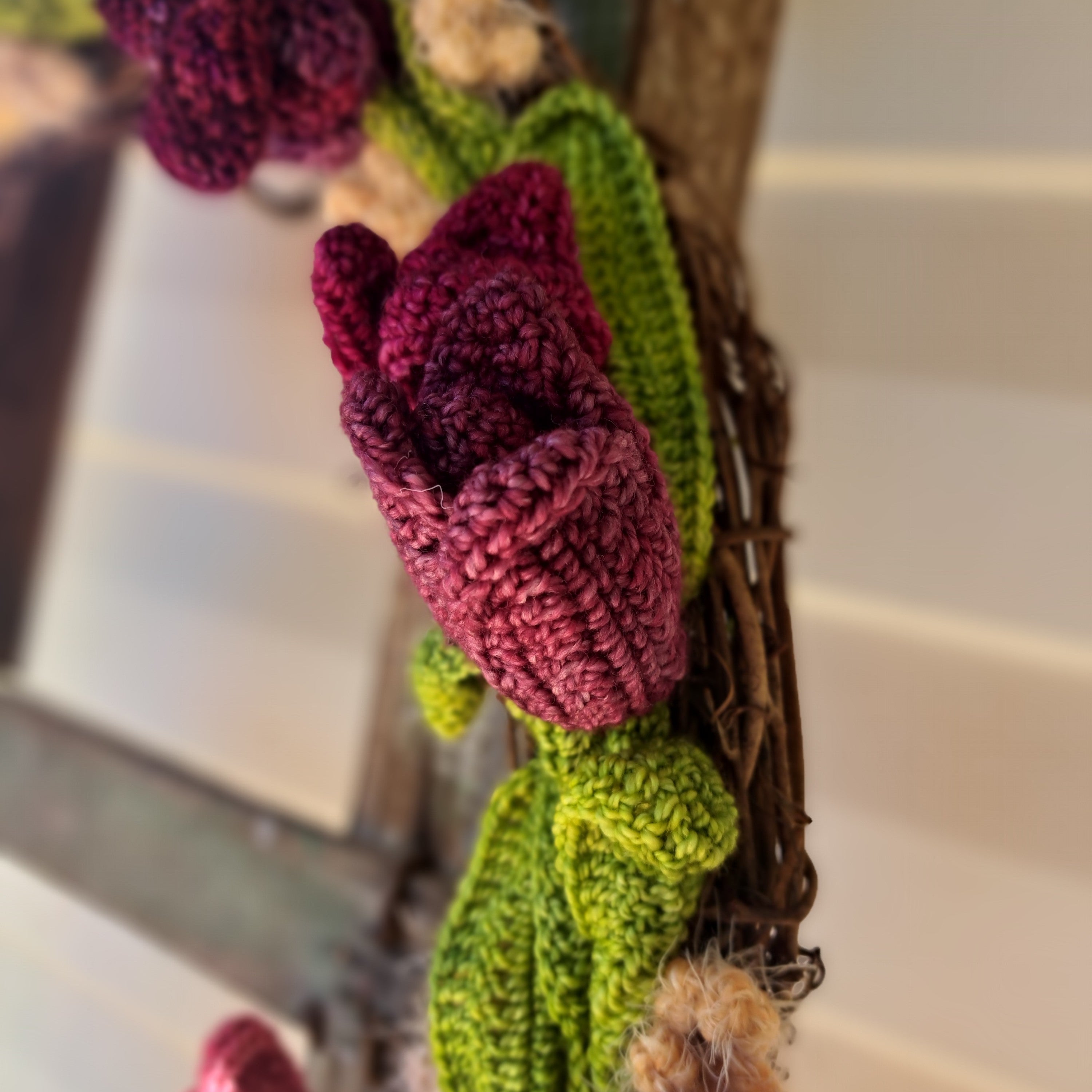 Handmade crochet tulip wreath pinks purples