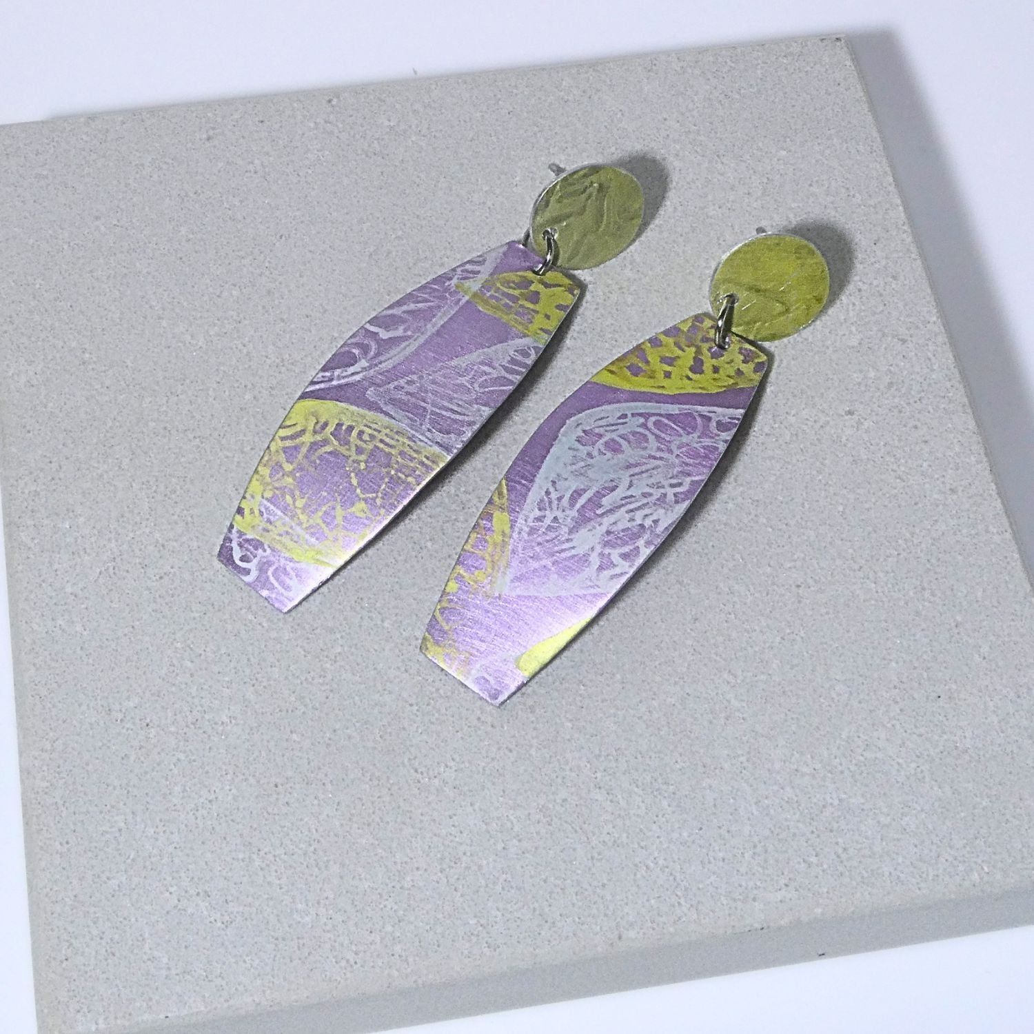 Anodised aluminium earrings hand printed Lemon Lace Collection