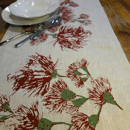 Custom Order -Hand Screen Printed Linen Table Runner- Red Wildfire Festive Blossom