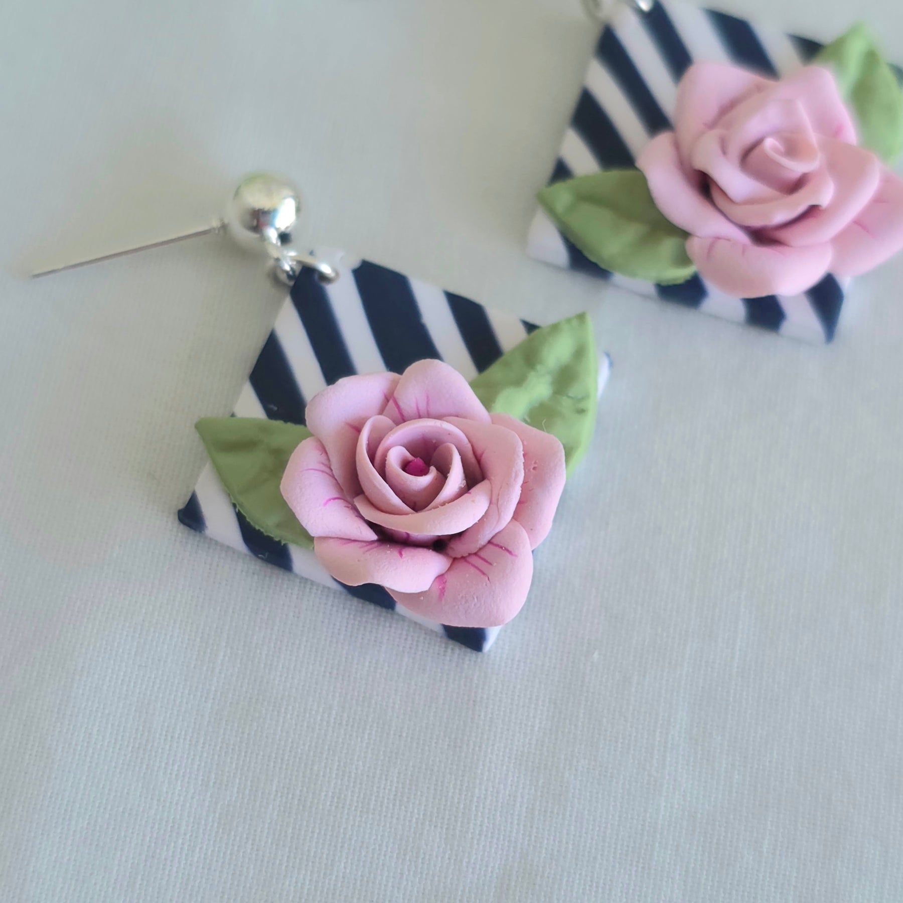 Handmade Pink Rose Earrings | Navy Striped Polymer Clay Dangles | Floral Statement Earrings | Costal | Stripe Studs | Glasses Brooches