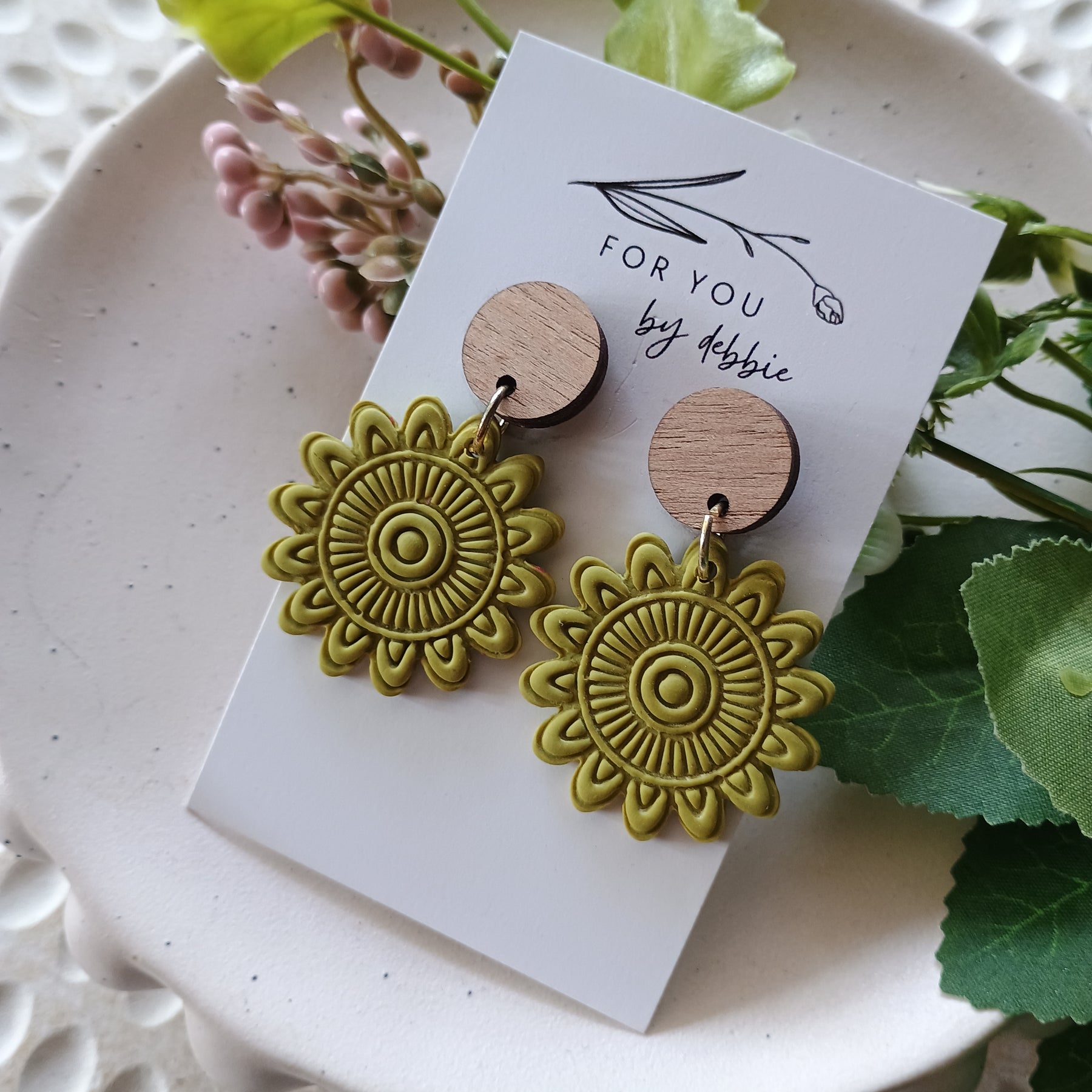 Olive green mandala earrings with natural wood stud