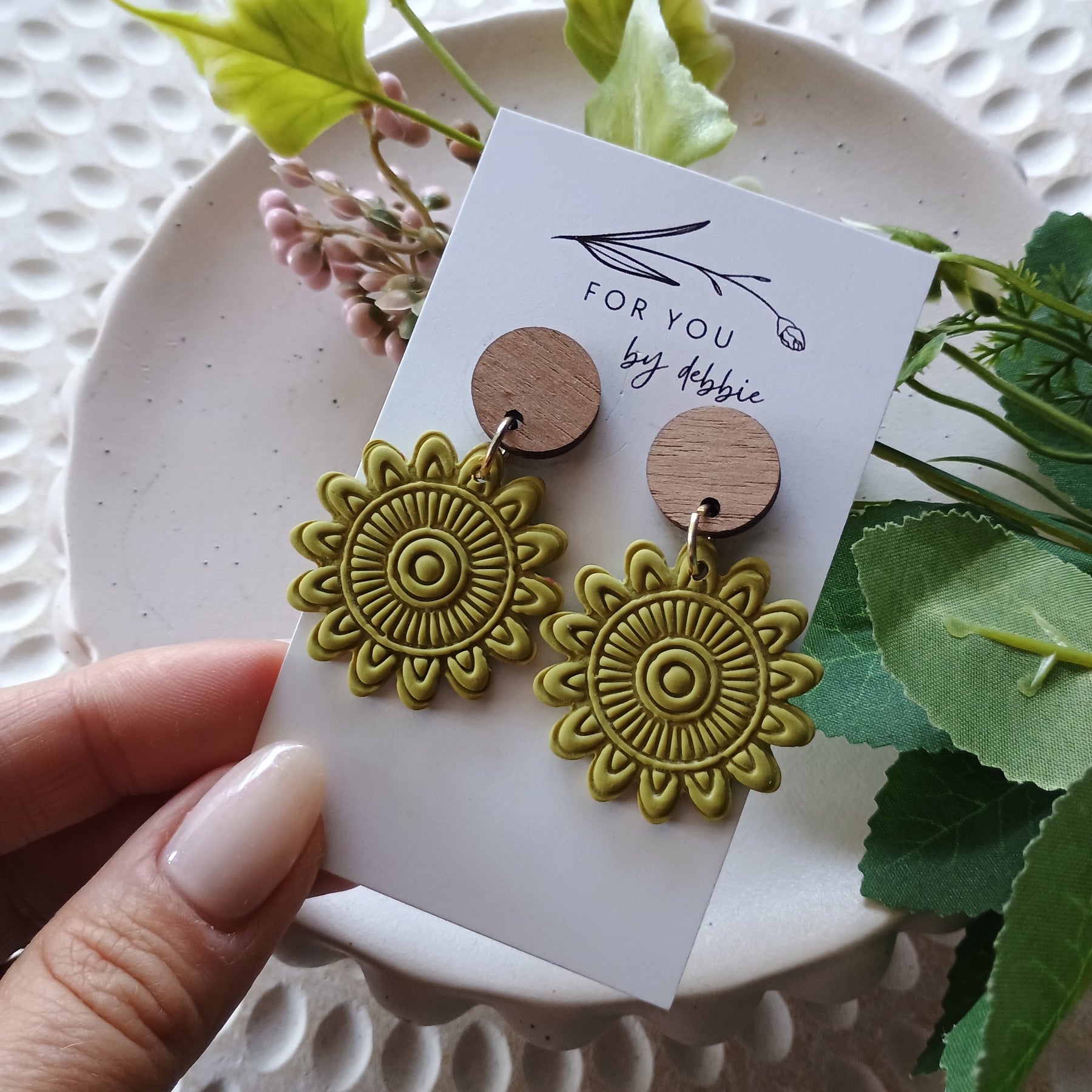 Olive green mandala earrings with natural wood stud