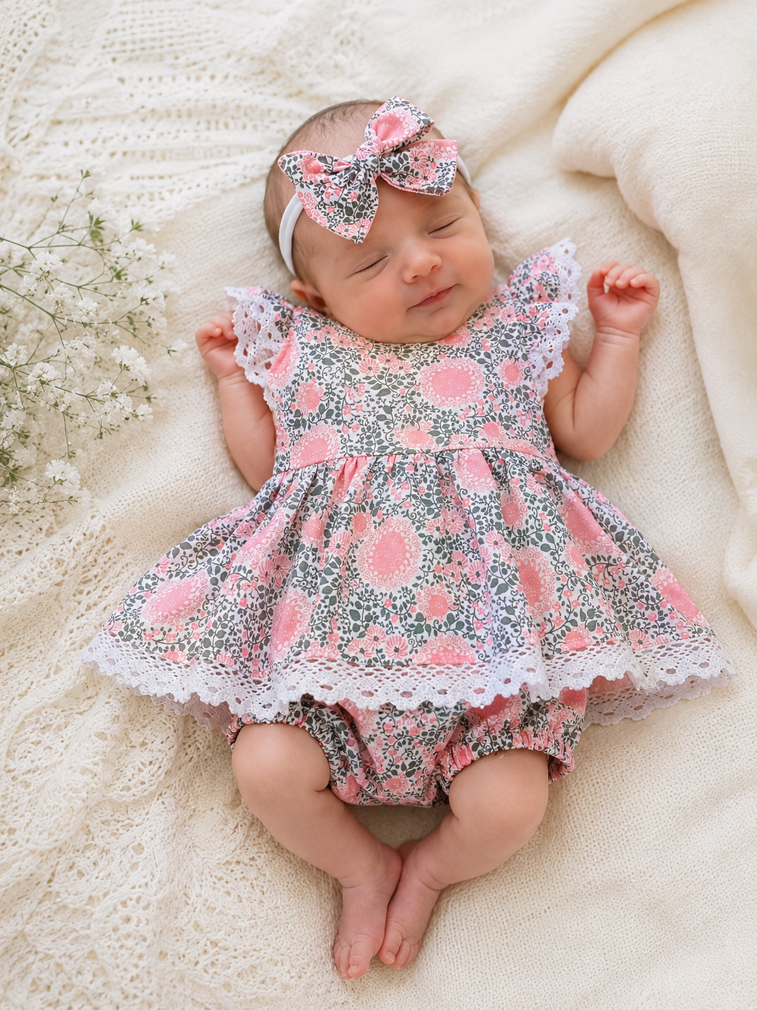 SIZE 000 Baby Dress and Bloomers Set | Pink swirl Flower with cotton Lace