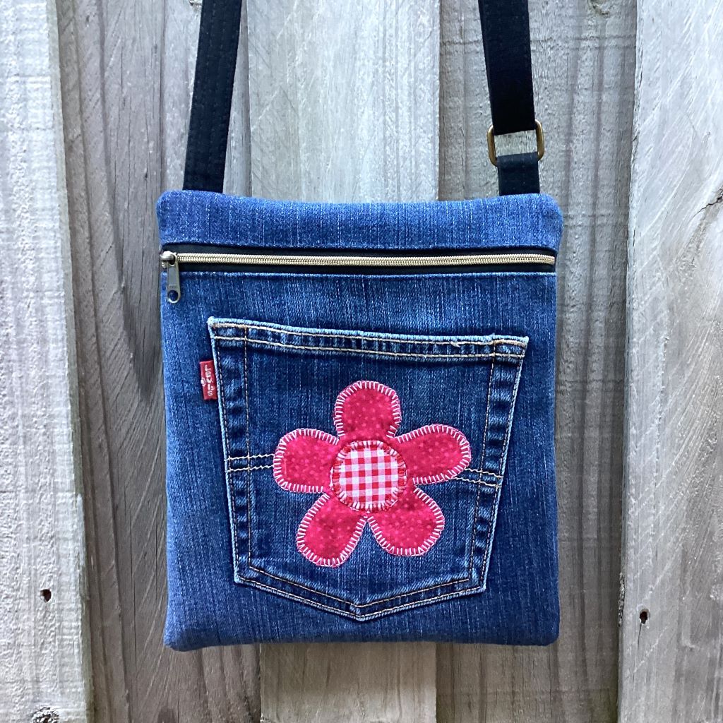 Upcycled Denim Crossbody Bag - Red Flower
