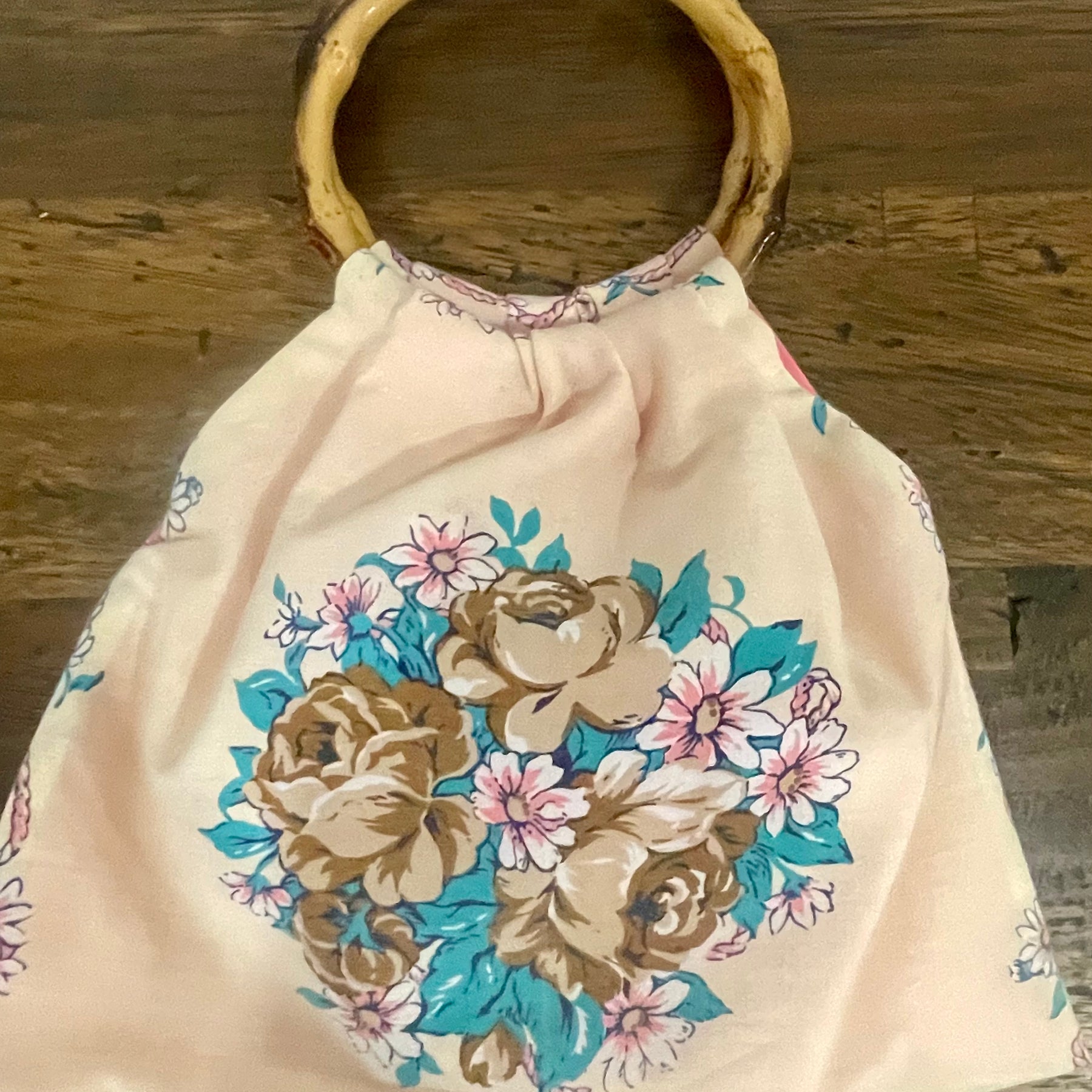 Mini Granny Bag, Cream Floral, Pink Interior, Handmade