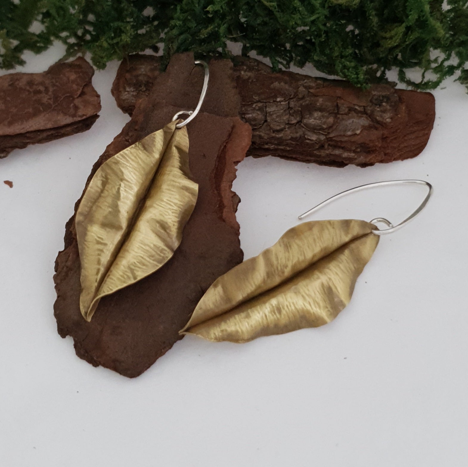 Golden brass leaf earrings