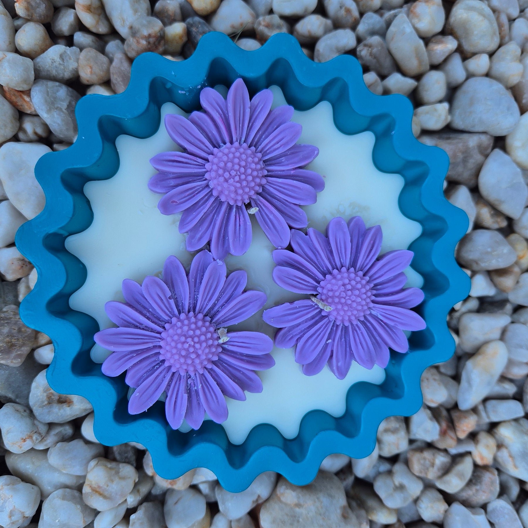 Teal Eco-concrete daisy bowl candle with fragranced soy wax