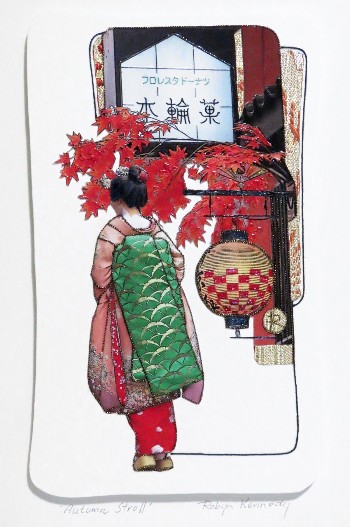 Unframed Collage Art - Japanese Geisha Autumn Leaves