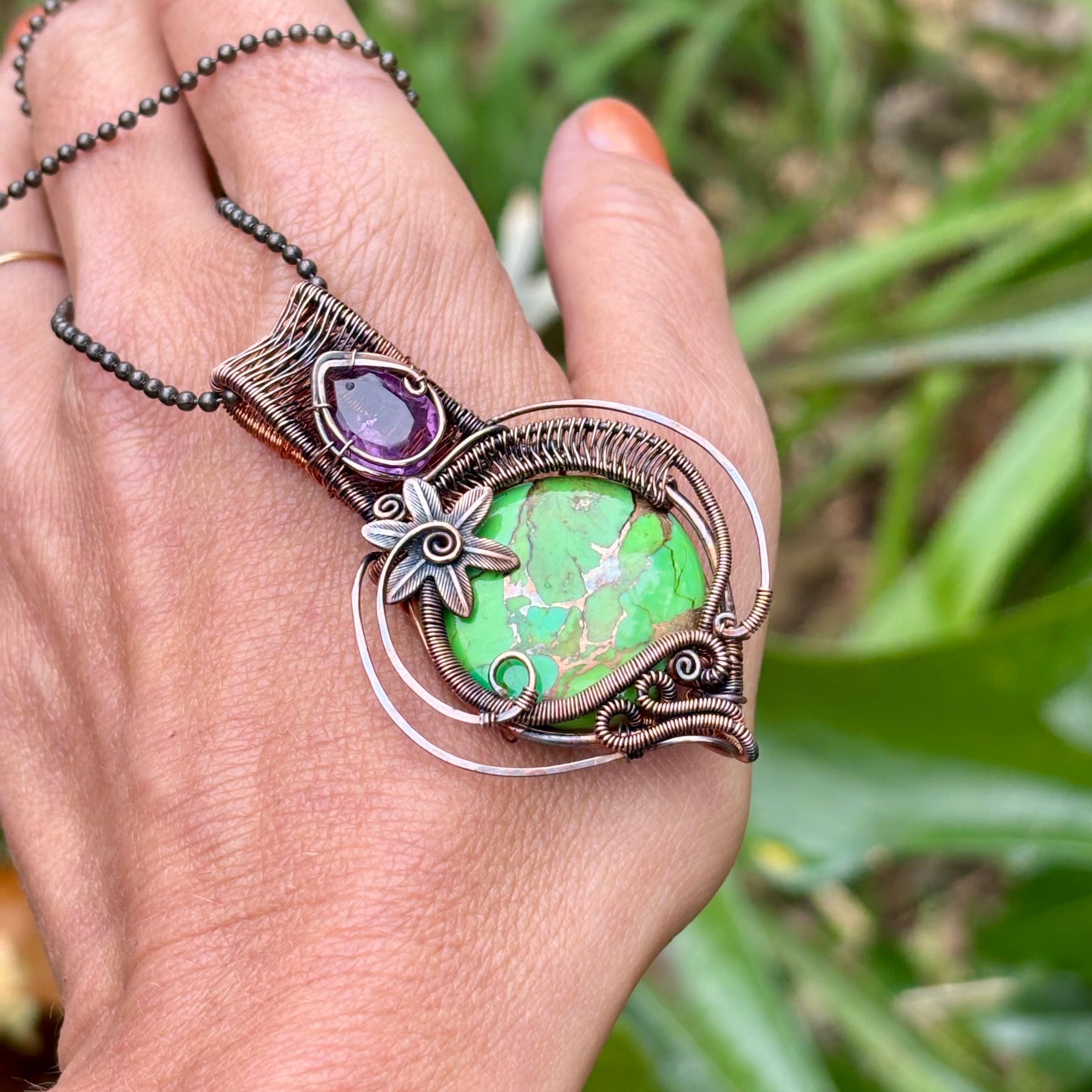 Mojave Turquoise/Amethyst copper crystal pendant