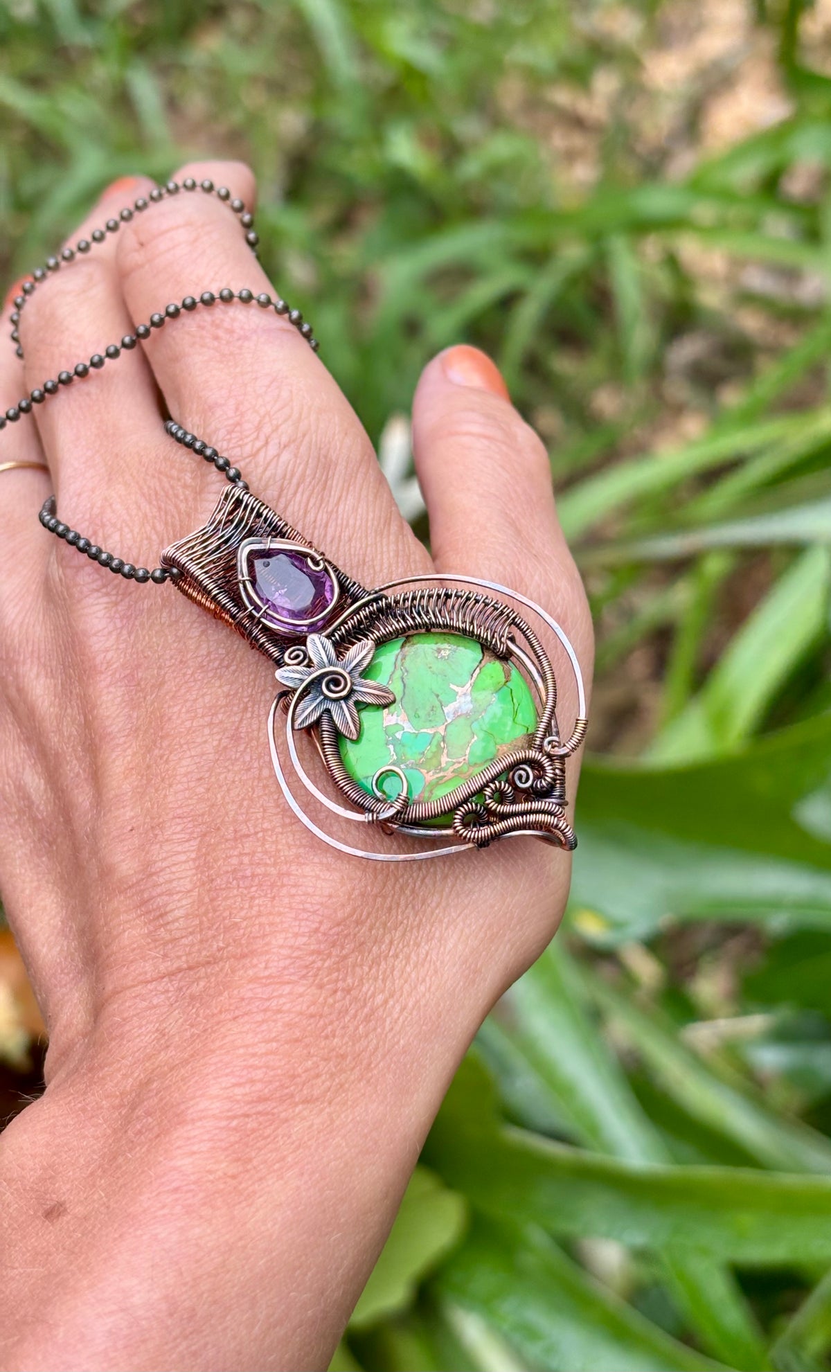 Mojave Turquoise/Amethyst copper crystal pendant