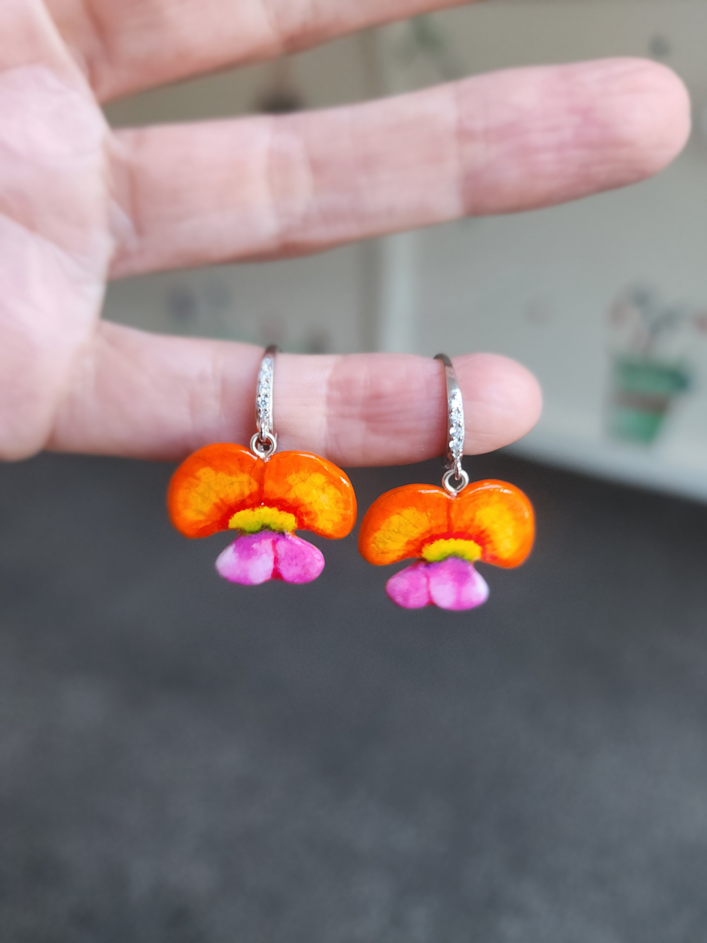 Flower earrings, flame pea, native Australian flora, handpainted, handcarved, silver earrings, french hook