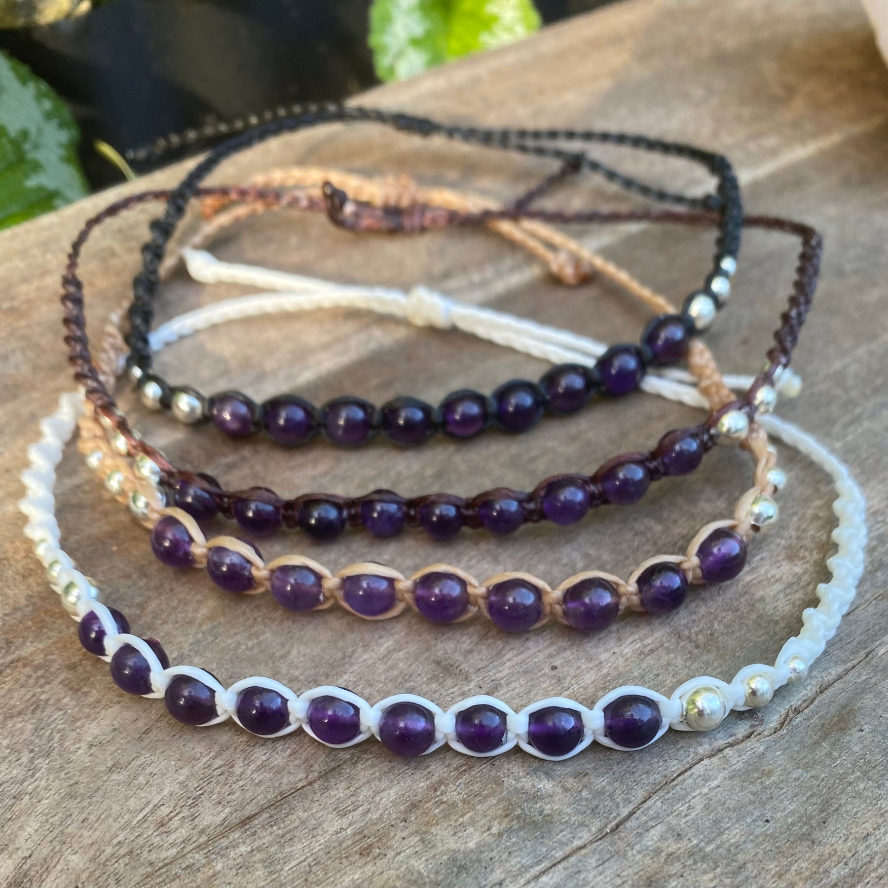 Amethyst Beaded Anklet: Macrame Adjustable Waterproof