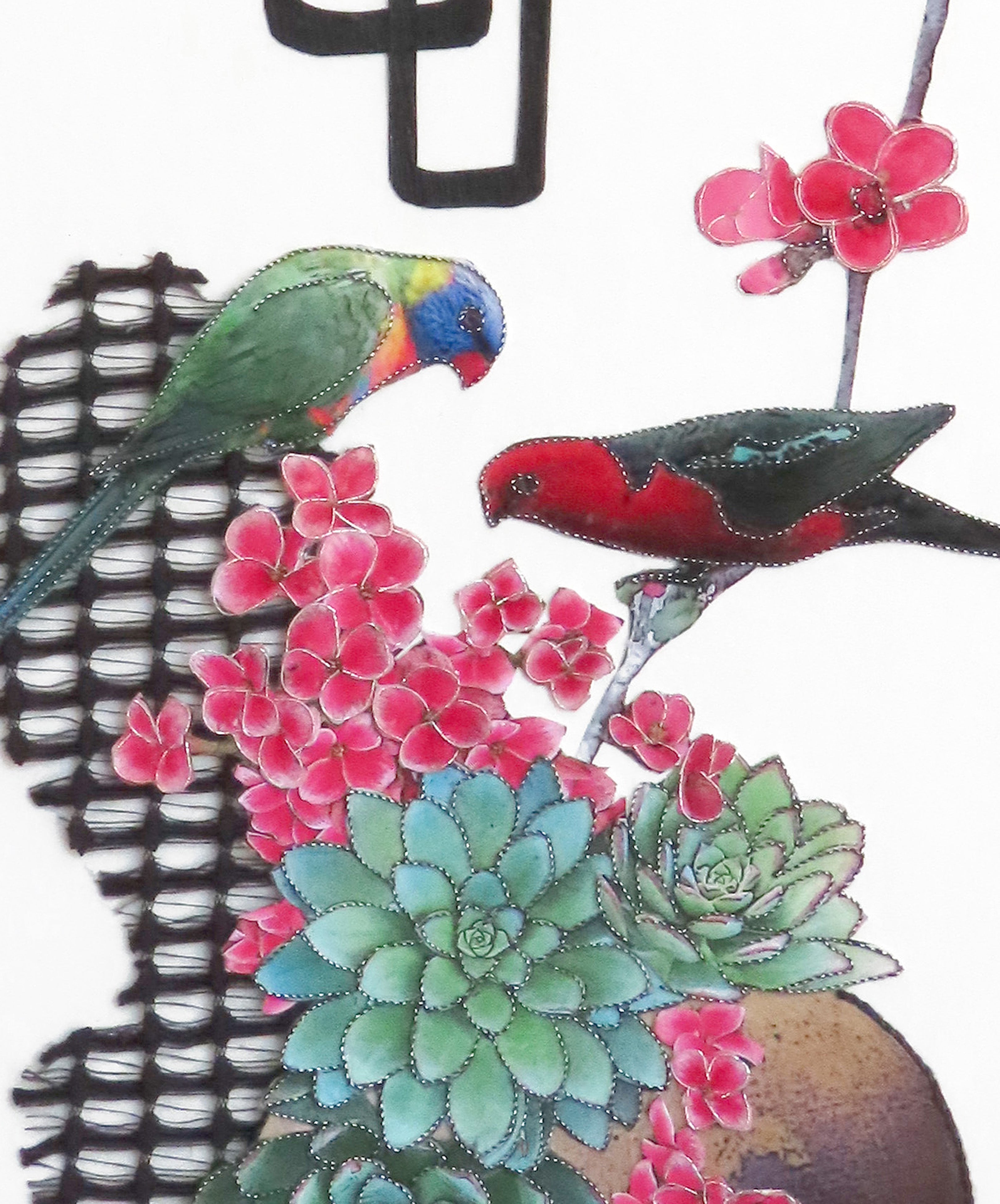 Art Original Blossoms & Birds-Parrots Pink Flowers