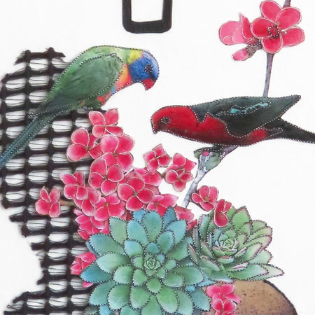 Art Original Blossoms & Birds-Parrots Pink Flowers
