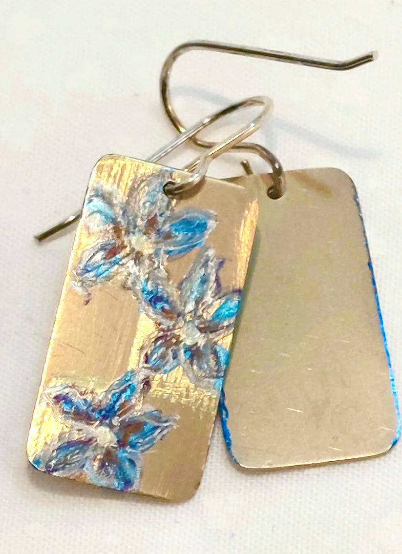 Titanium Dangles with Painted Wahlenbergia Design-Gold and Blue