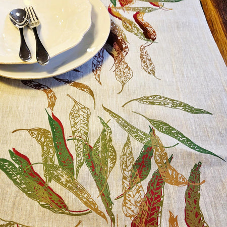 Hand Screen Printed Linen Table Runners-Eucalypt Fallen Leaves