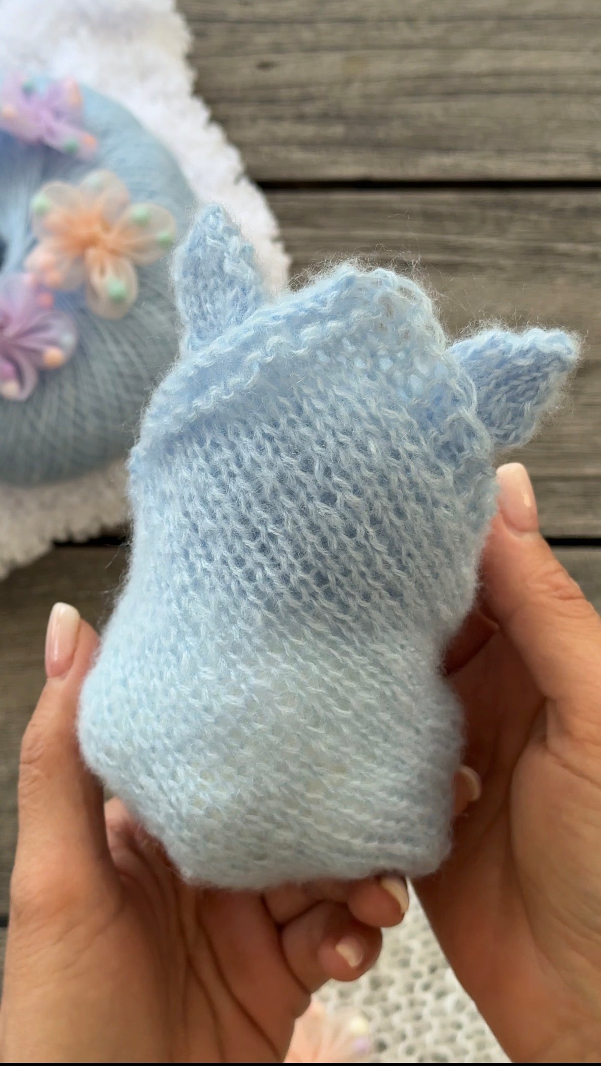 Handmade White Knitted Sleeping Kitten in Blue Bunny Bonnet and Blanket with Butterfly Toy