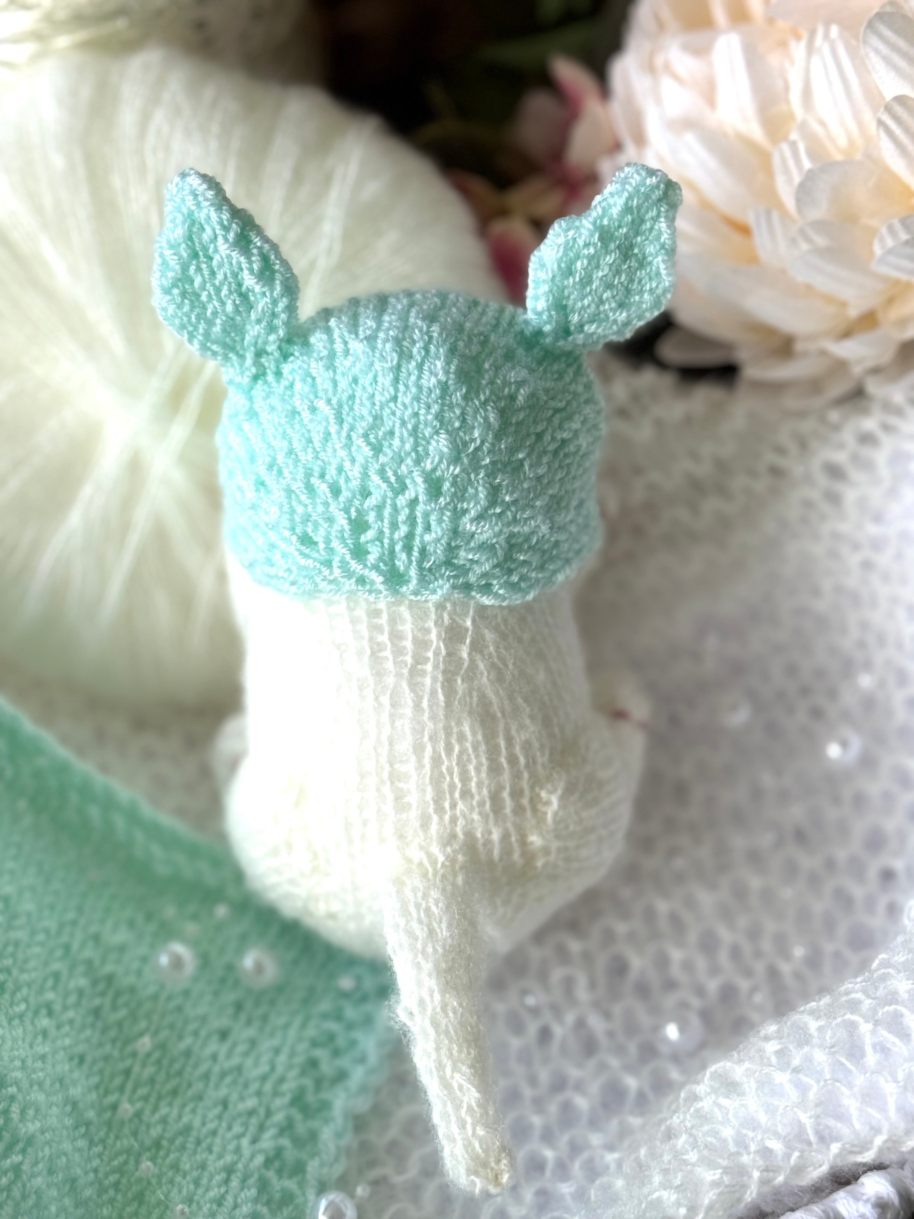 Handmade White Knitted Sleeping Kitty Toy in The Bunny Hat and Blanket