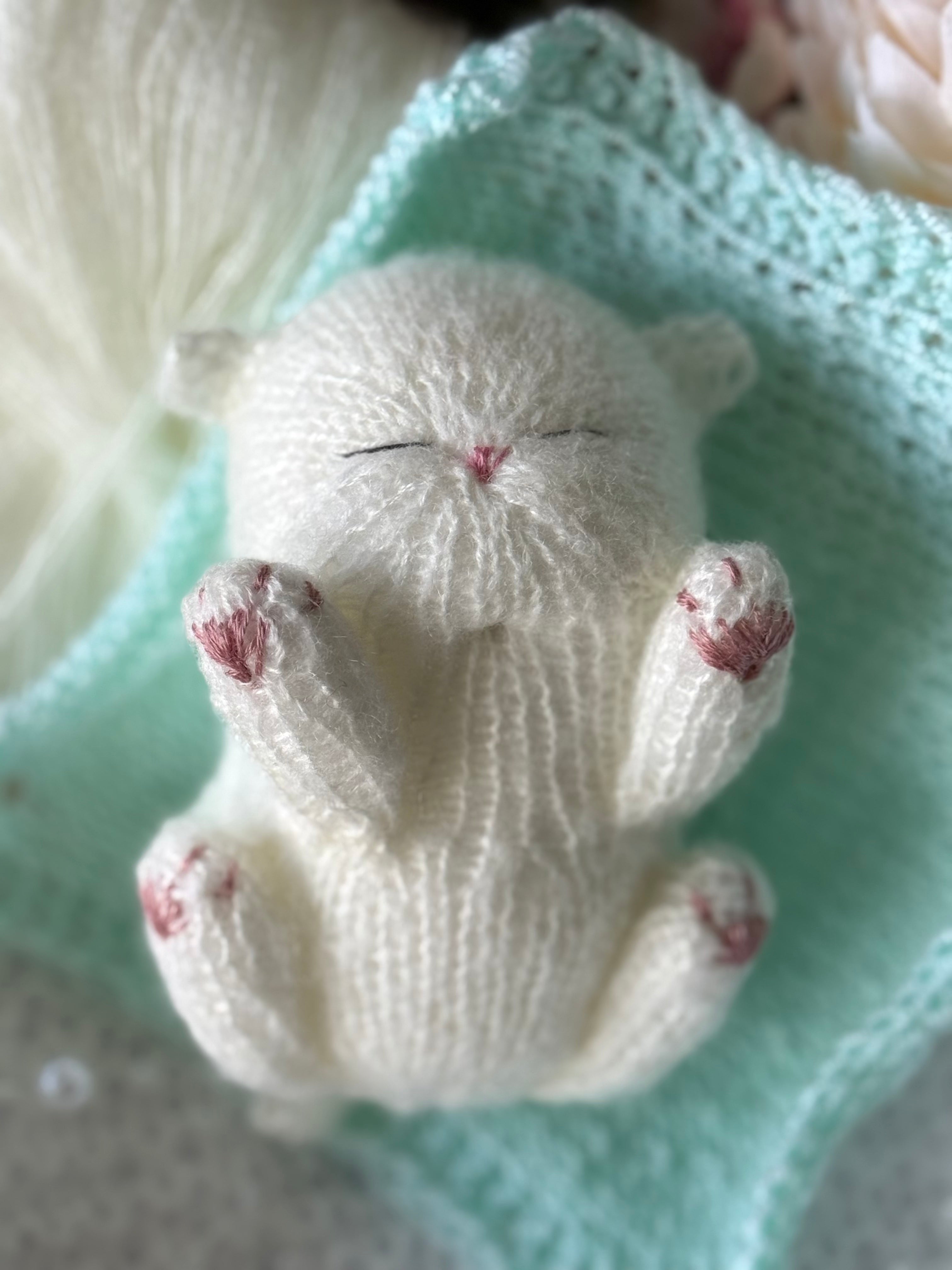 Handmade White Knitted Sleeping Kitty Toy in The Bunny Hat and Blanket