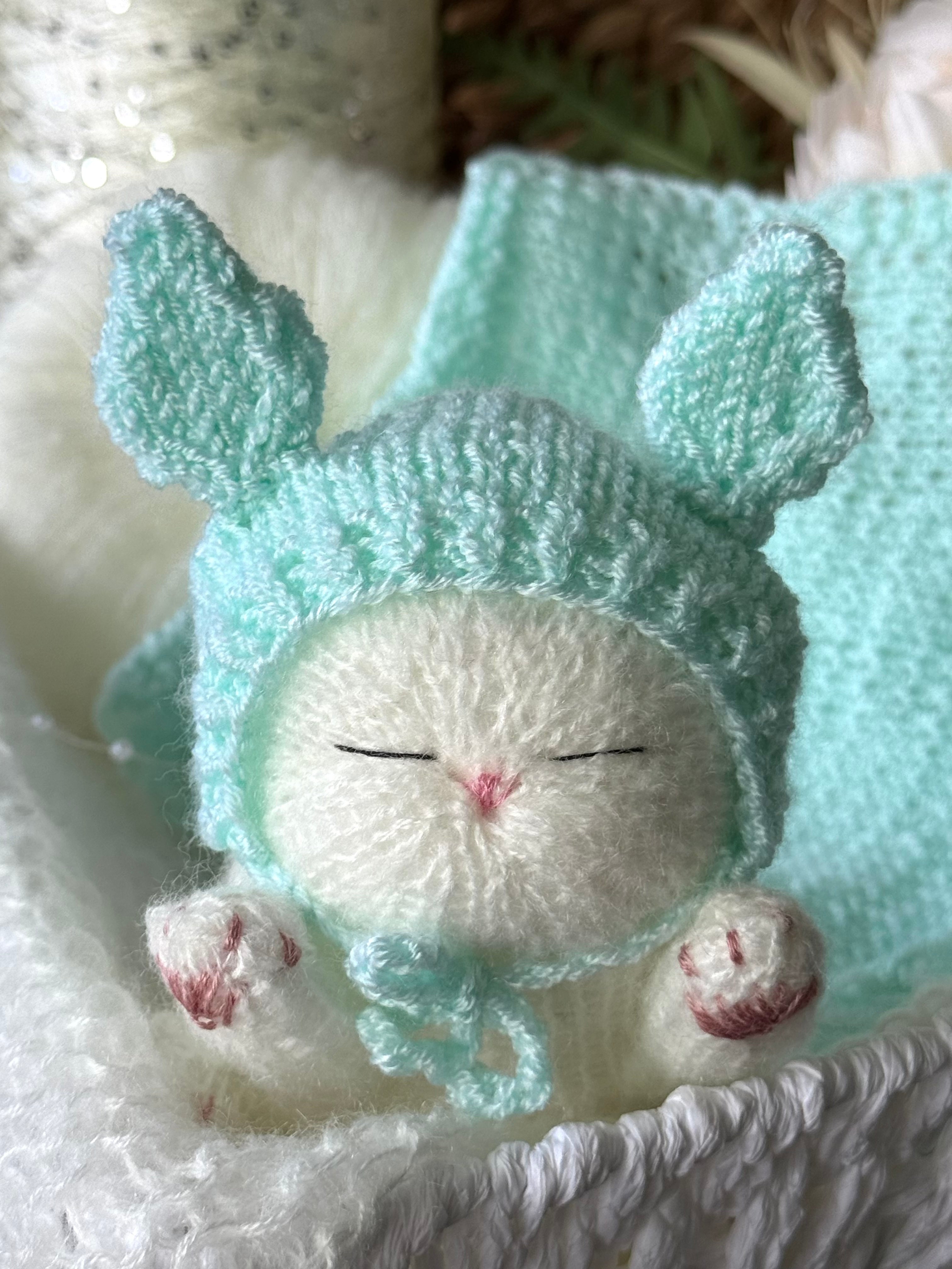 Handmade White Knitted Sleeping Kitty Toy in The Bunny Hat and Blanket