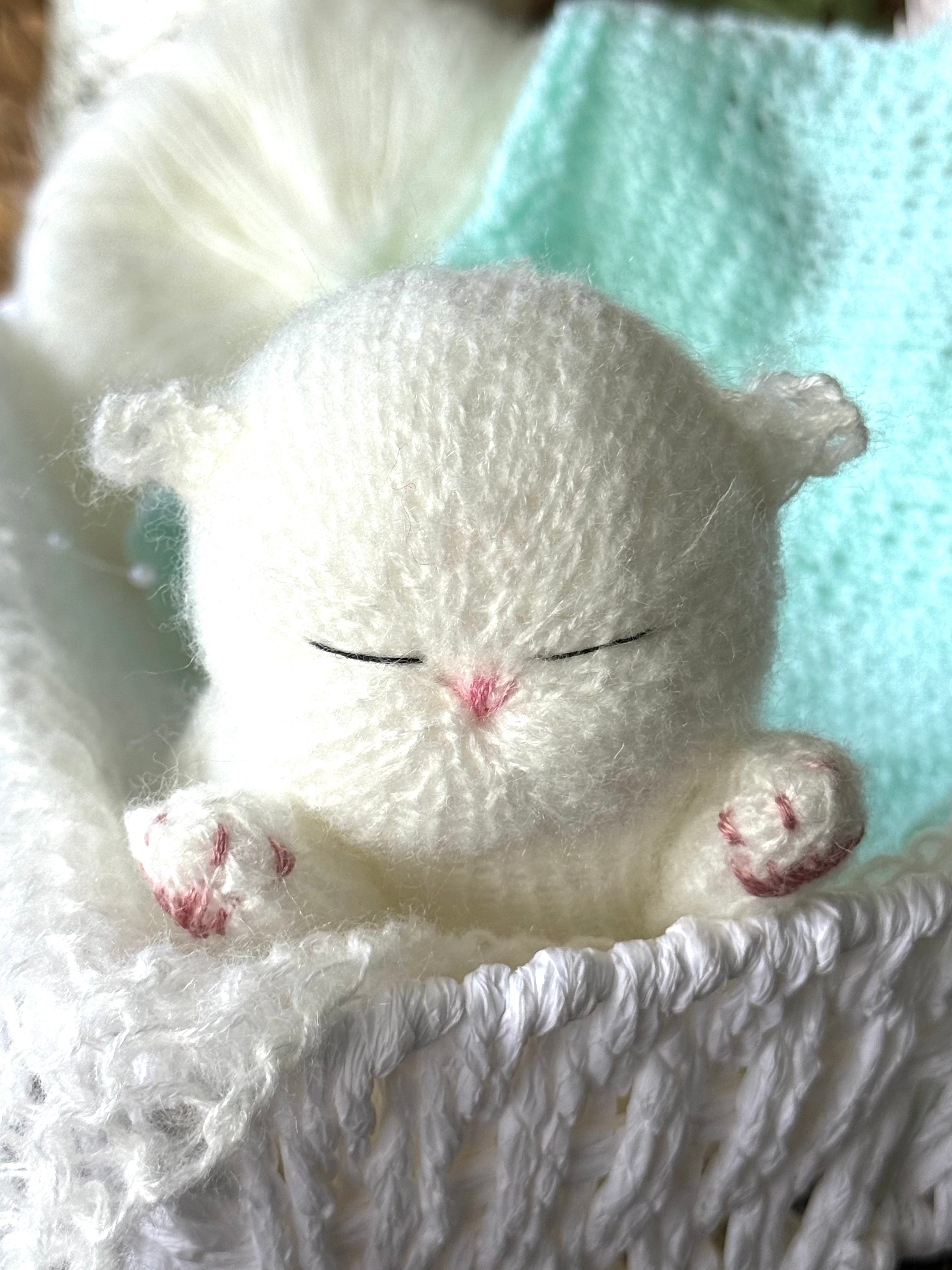 Handmade White Knitted Sleeping Kitty Toy in The Bunny Hat and Blanket