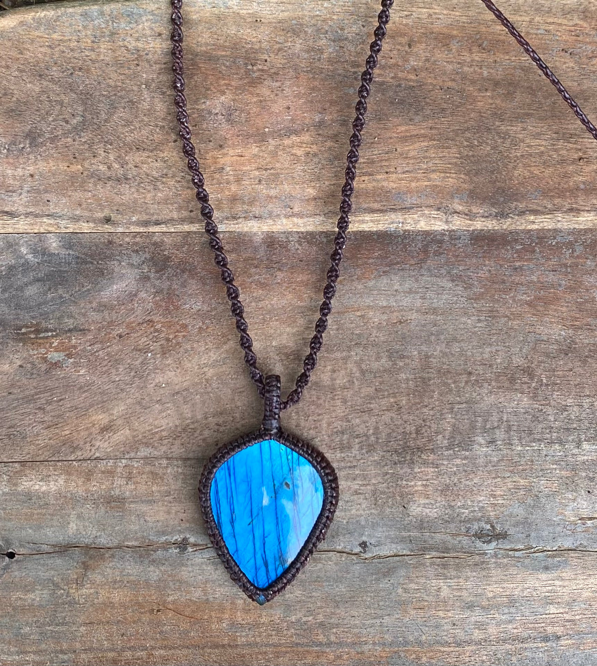 Labradorite Pendant: Blue flash Beaded Macrame, Adjustable Boho Gift