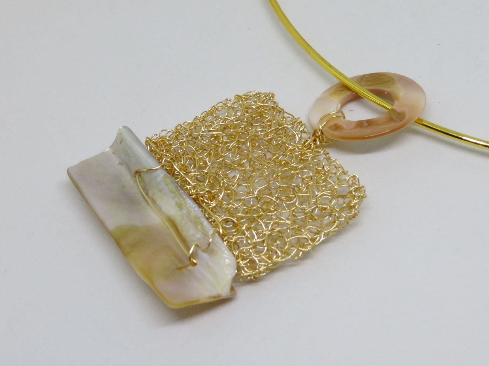 Bespoke Handmade Gold Crochet Wire Shell Pendant Choker Necklace