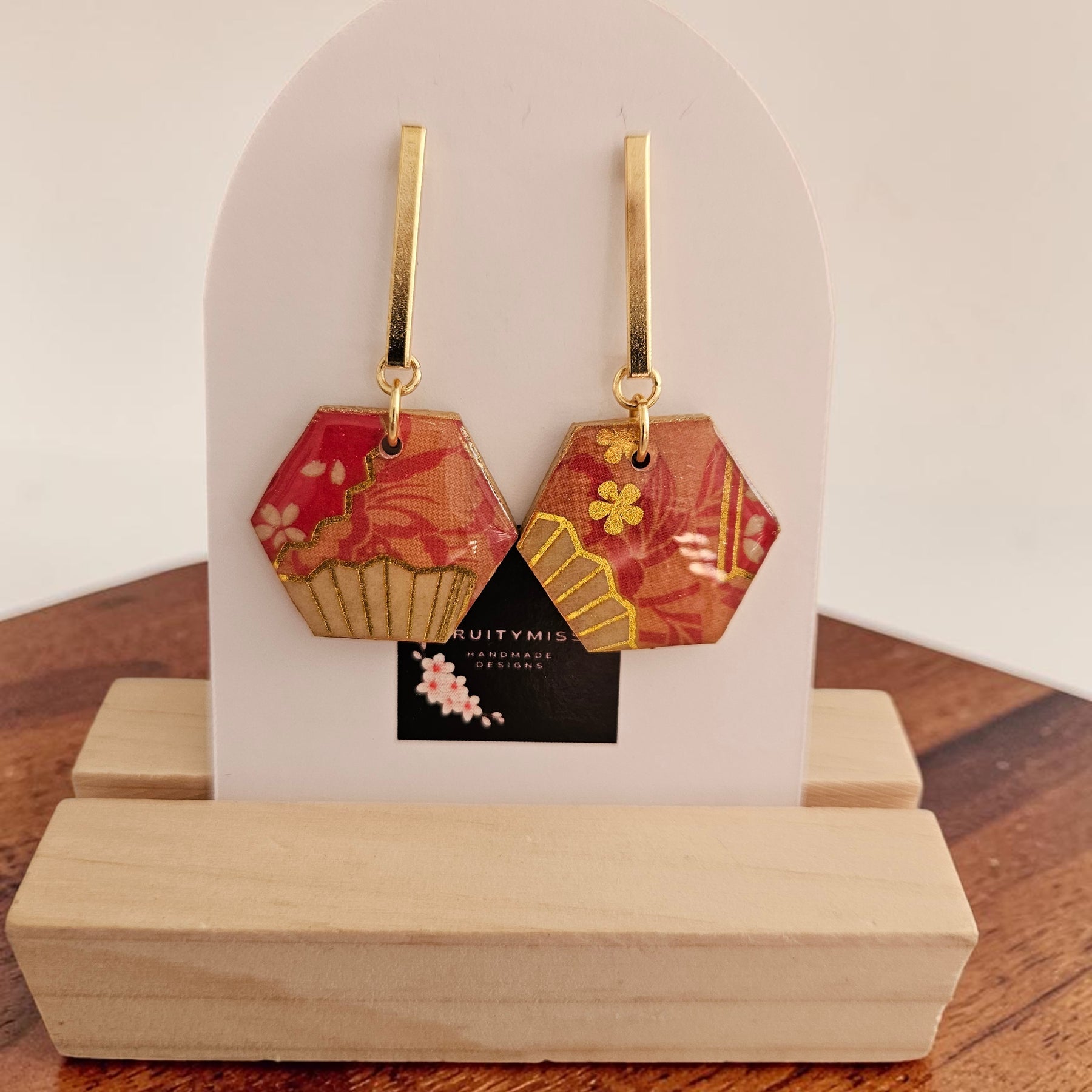 Unique Japanese Chiyogami Paper Earrings - Hexagonal Deep Pink Gold