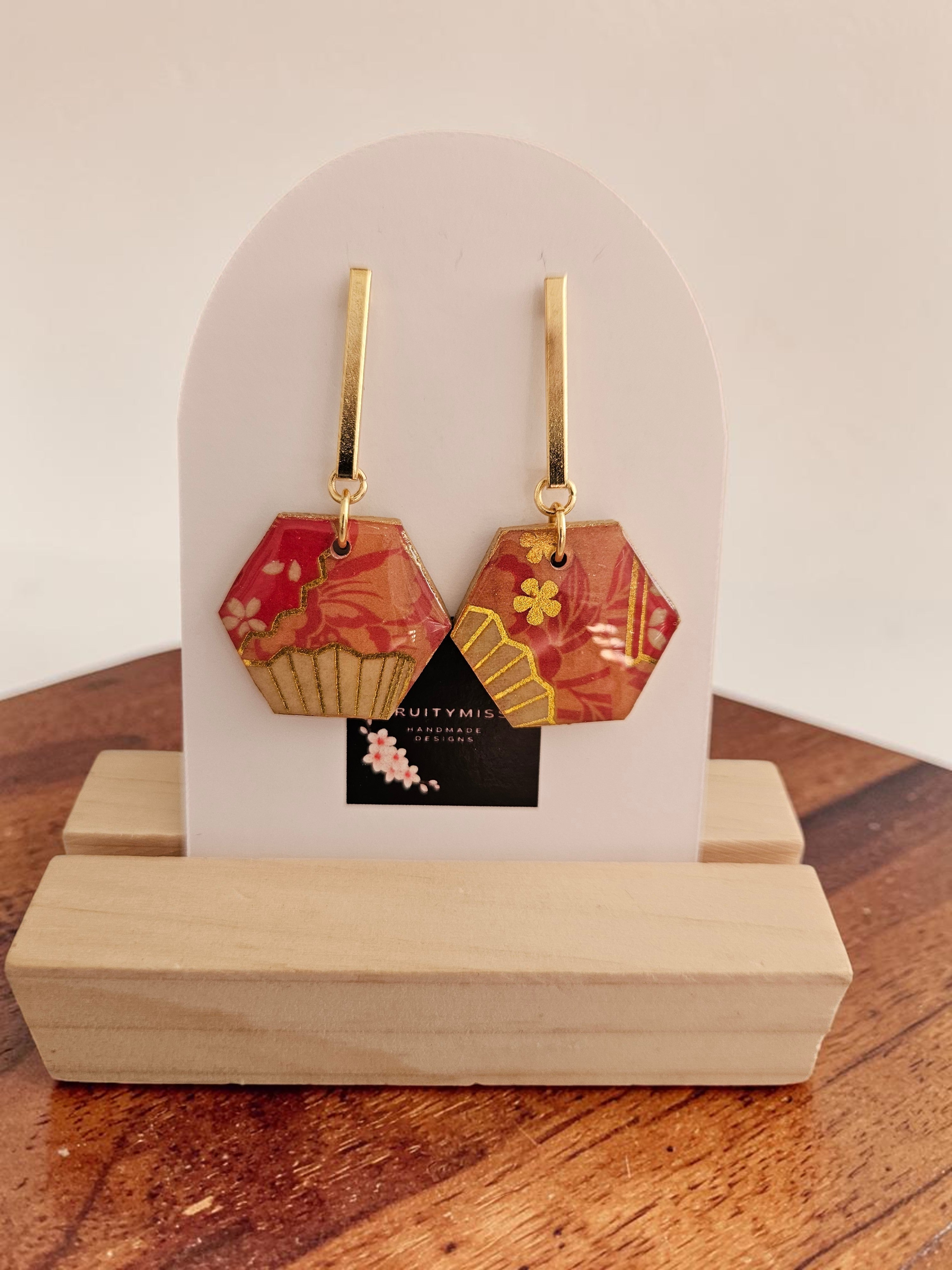 Unique Japanese Chiyogami Paper Earrings - Hexagonal Deep Pink Gold