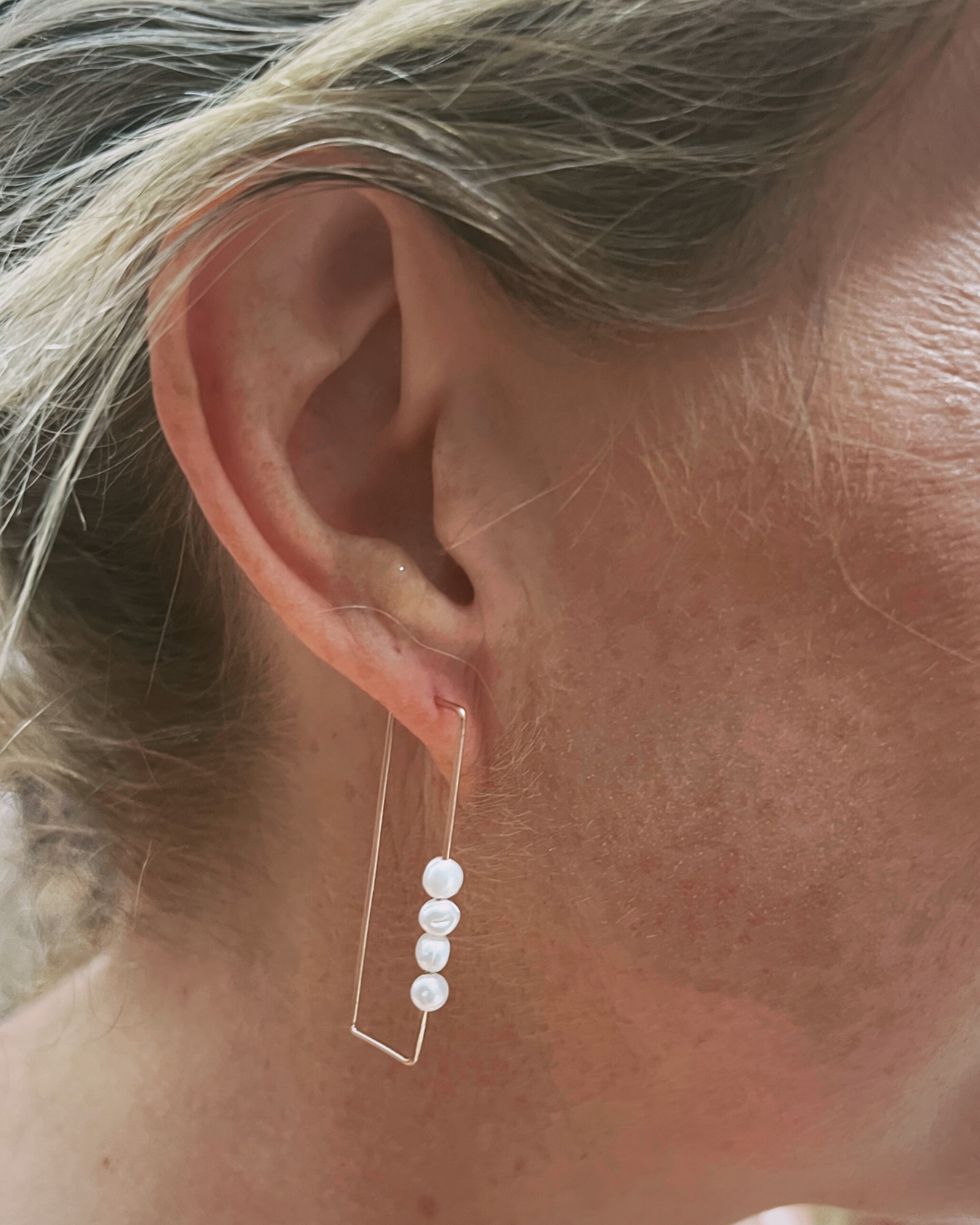 Rectangular Hooped Pearl Earrings Sterling Silver