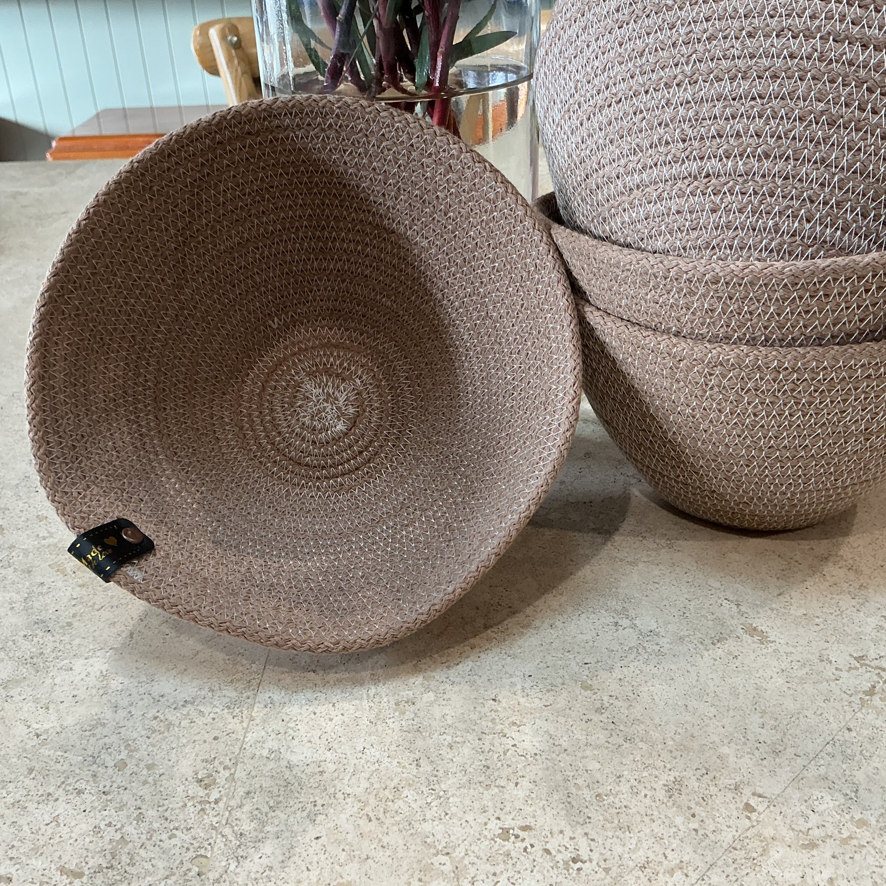 Dainty taupe trinket basket, cotton rop