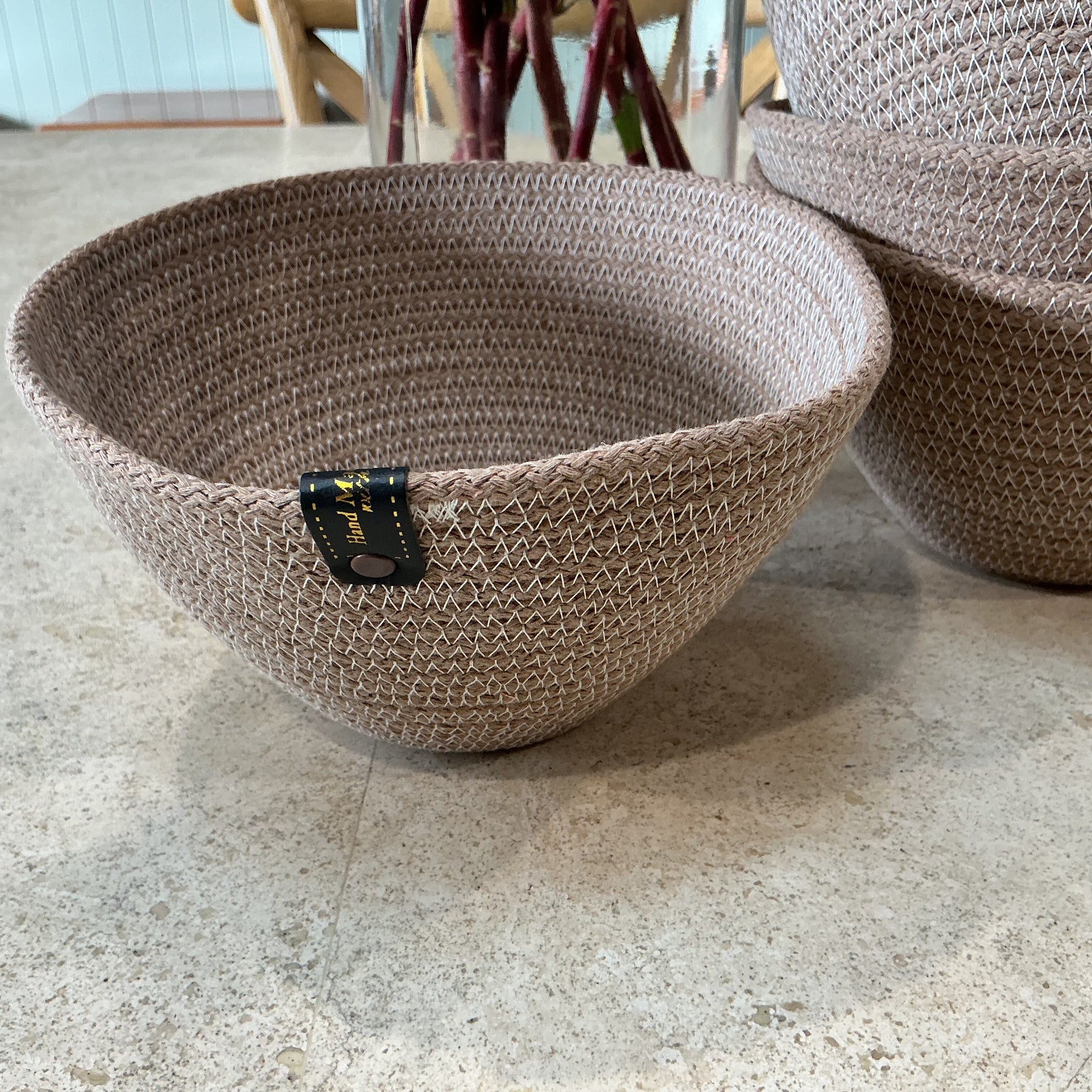 Dainty taupe trinket basket, cotton rop
