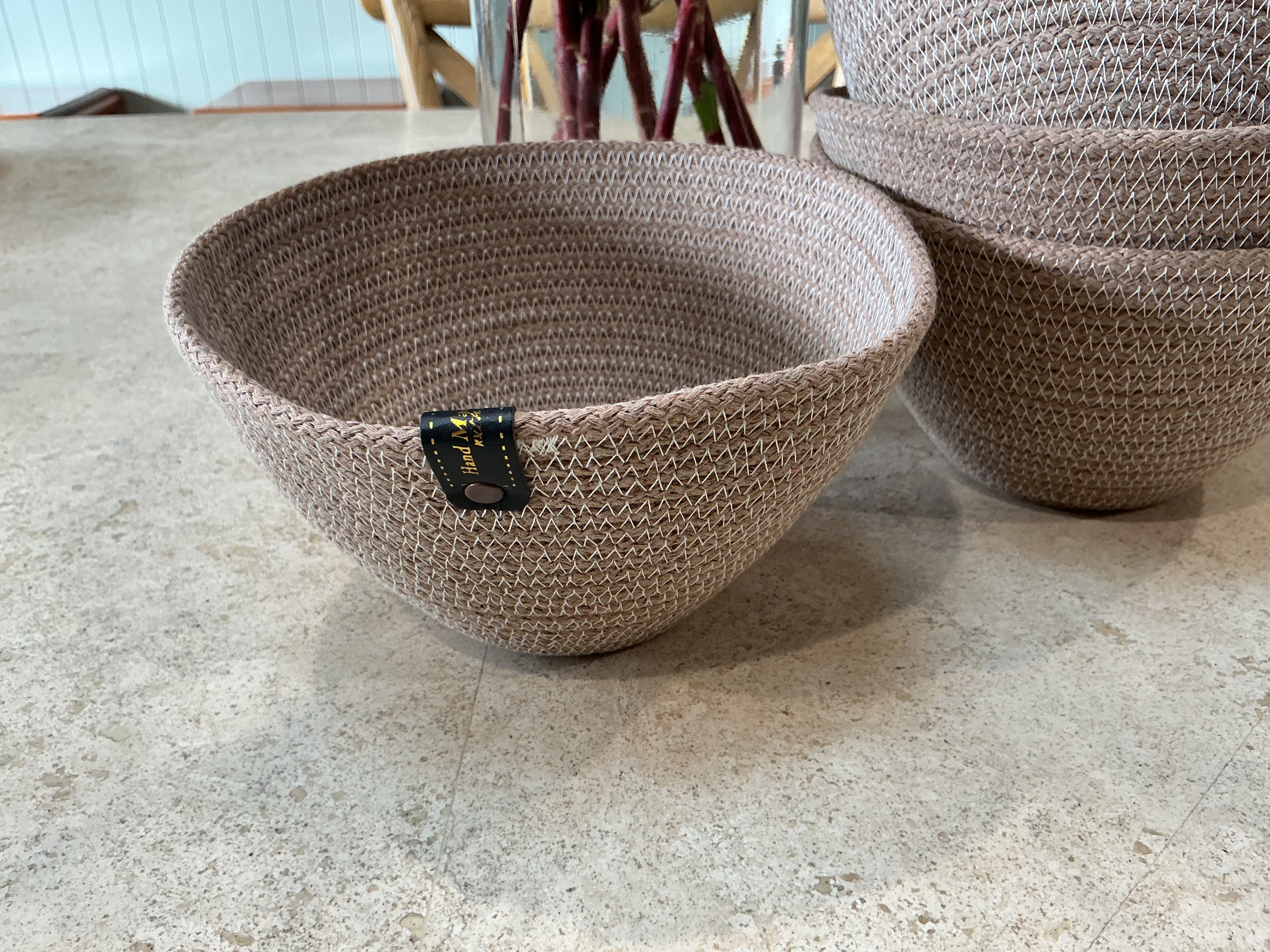 Dainty taupe trinket basket, cotton rop