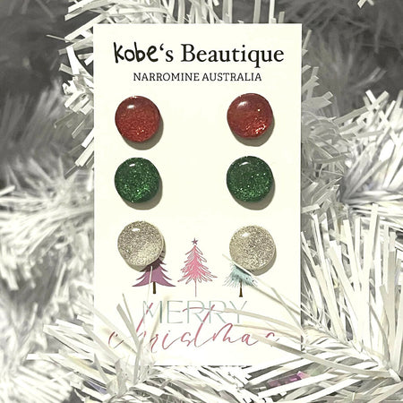 Small Glitter Christmas Studs. 3pk. Green, Red and Silver