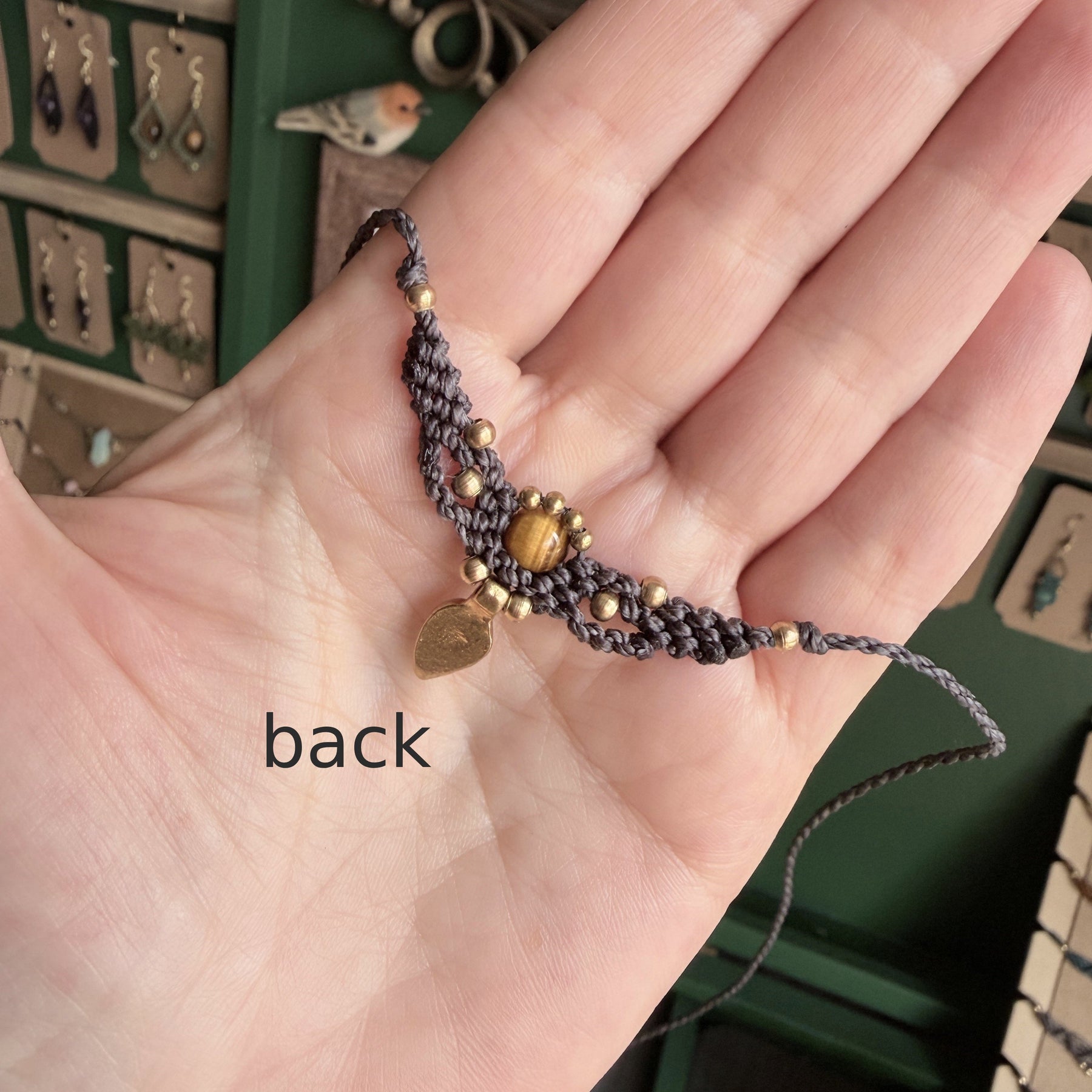 Macrame Collier with gemstone bead and brass charm - several choices